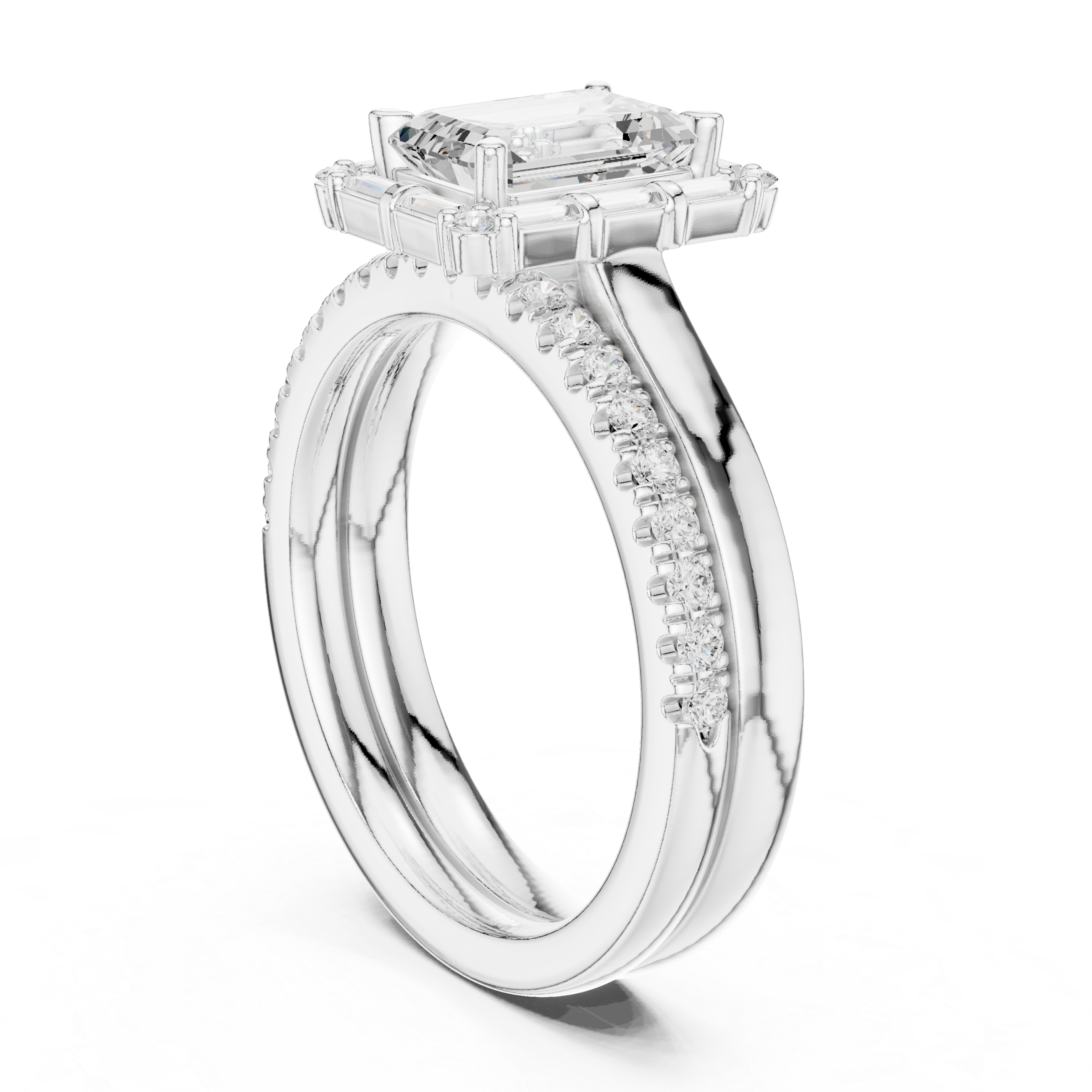 Emerald Cut Diamond Ballerina Halo Wedding Ring Set