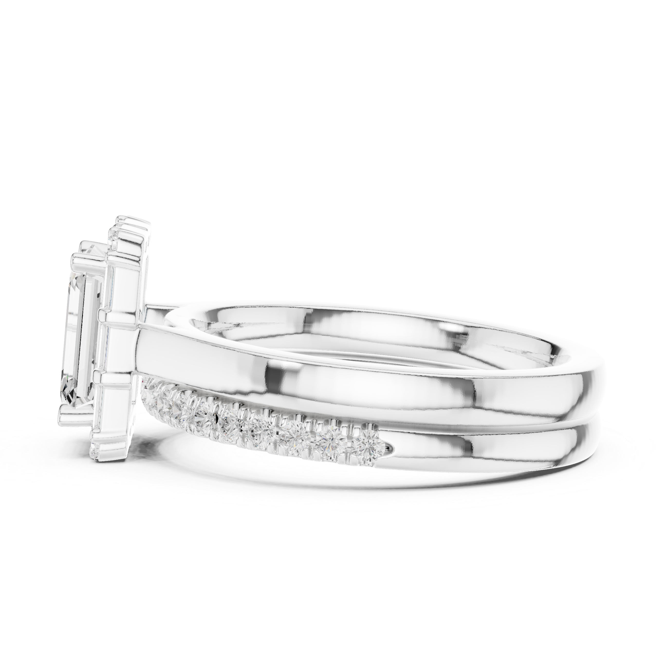 Emerald Cut Diamond Ballerina Halo Wedding Ring Set