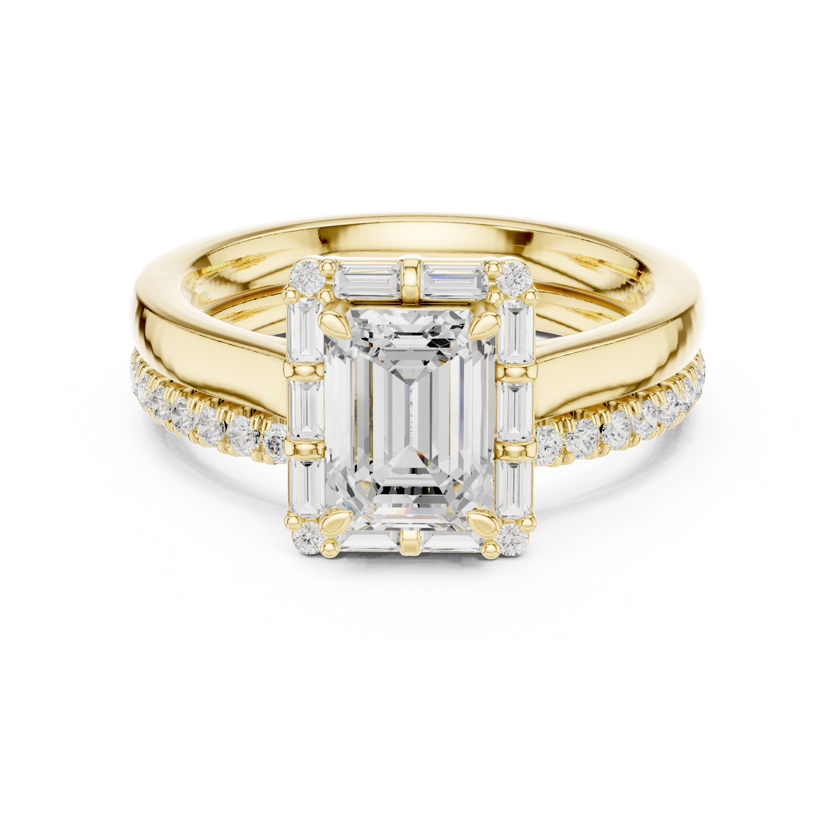Emerald Cut Diamond Ballerina Halo Wedding Ring Set