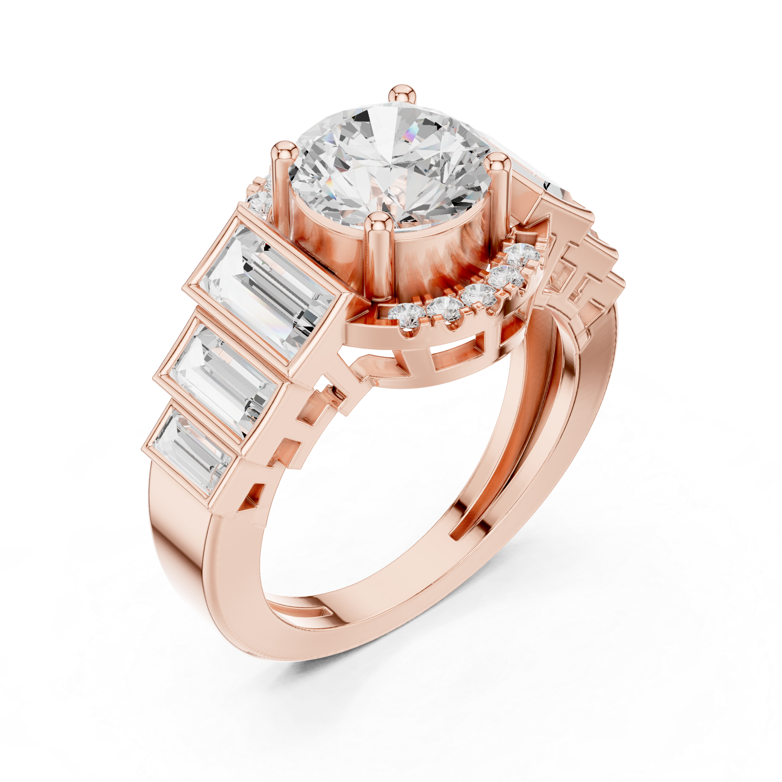 Round Diamond With Side Baguette Wedding Ring