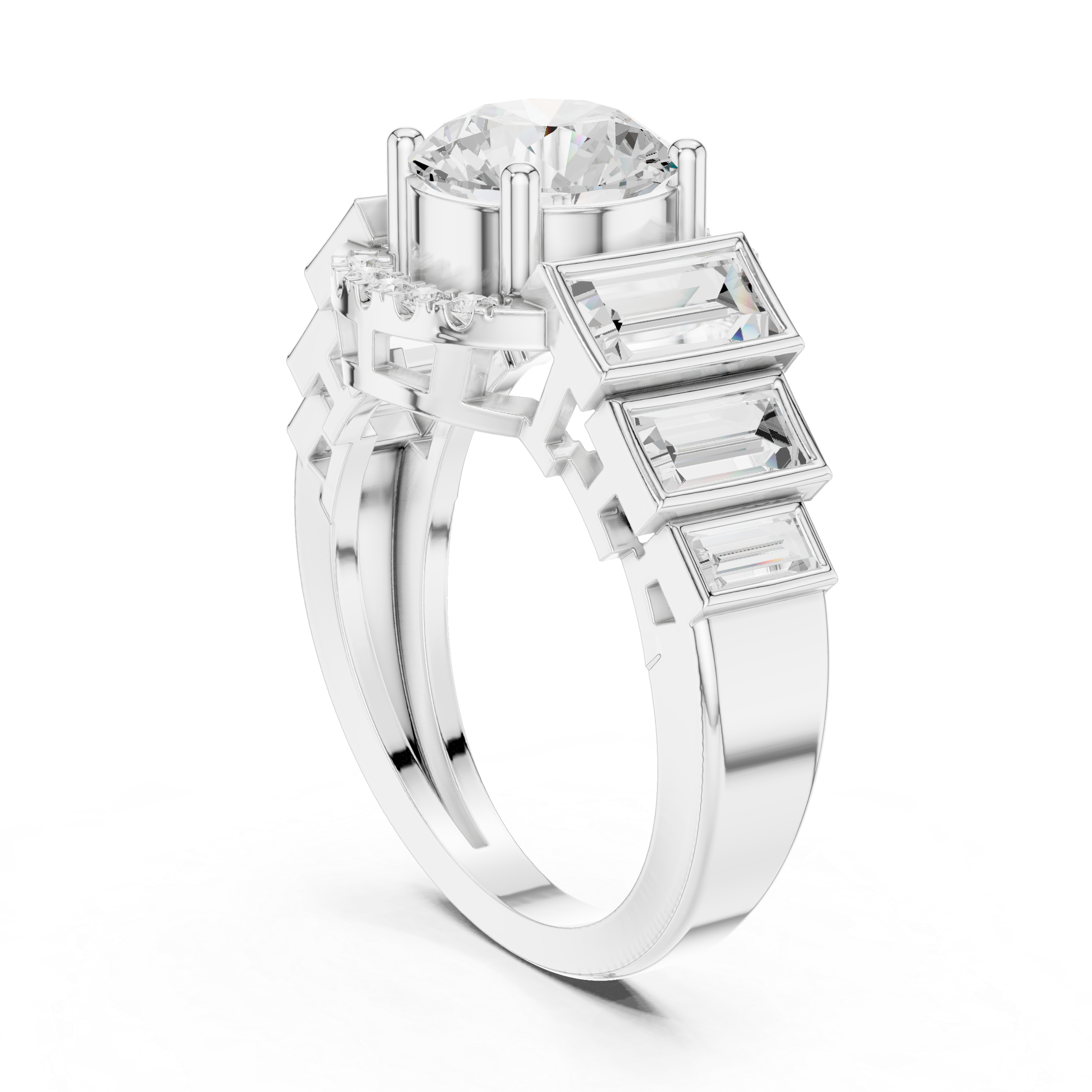Round Diamond With Side Baguette Wedding Ring