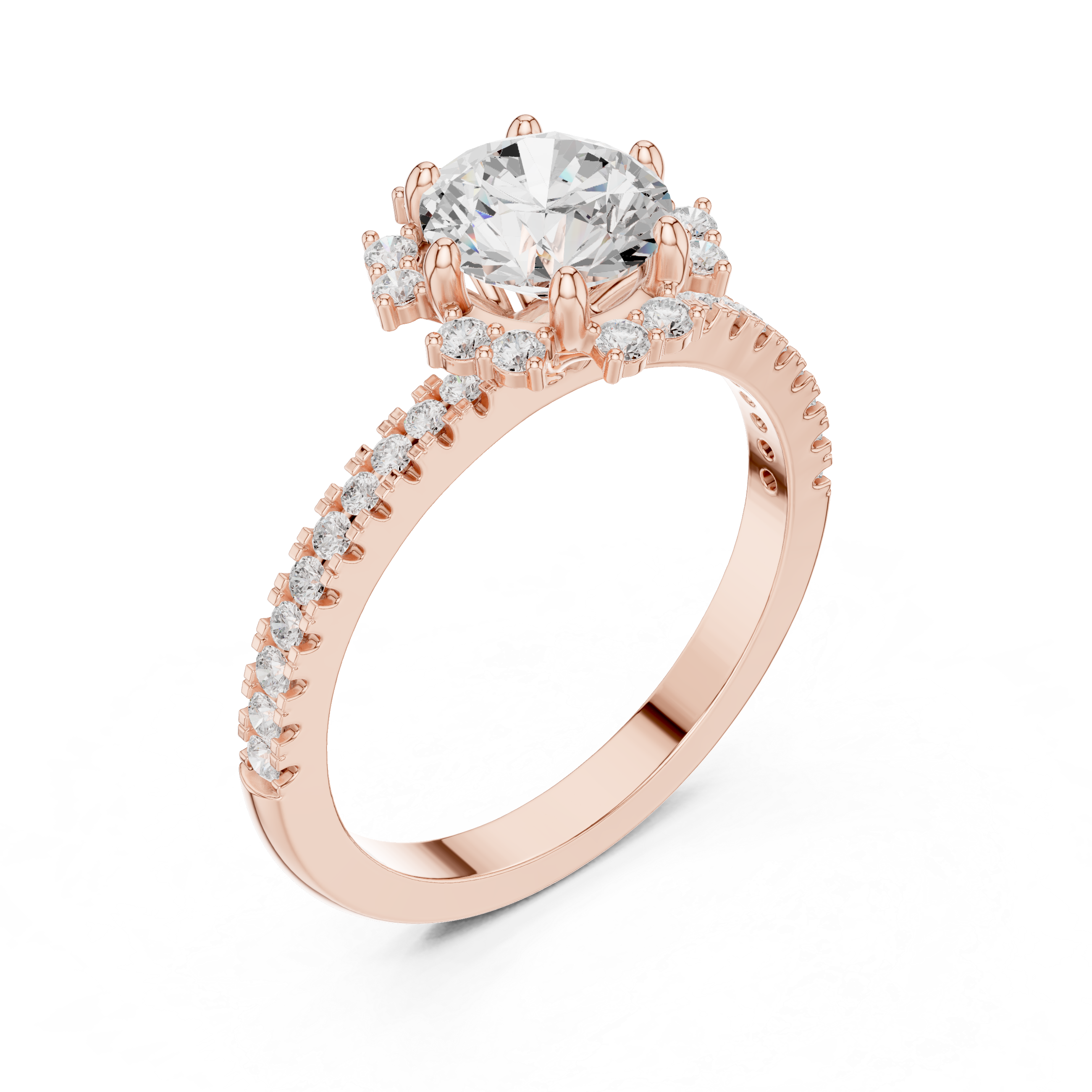 Round Diamond Sunburst Halo Pave Ring