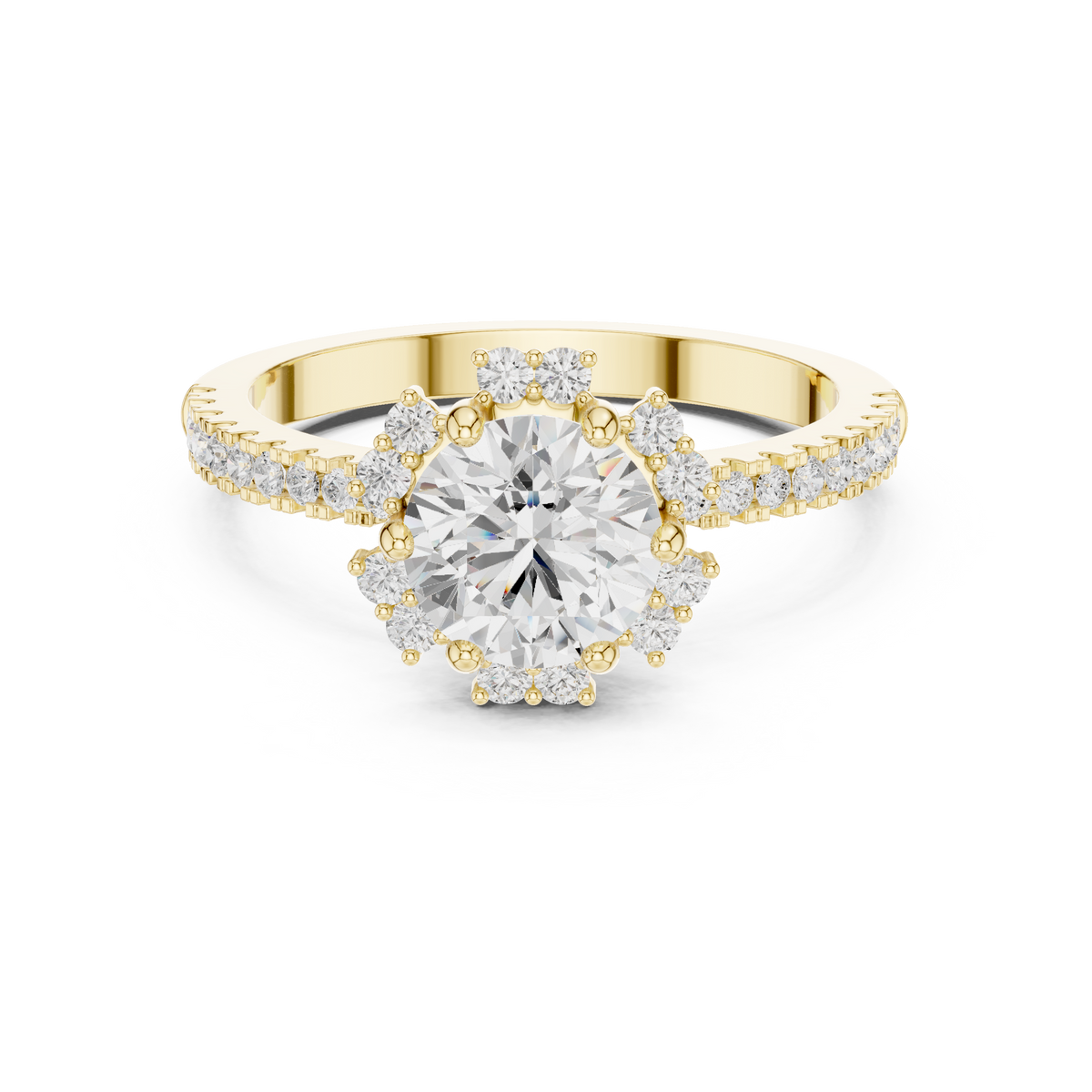 Round Diamond Sunburst Halo Pave Ring