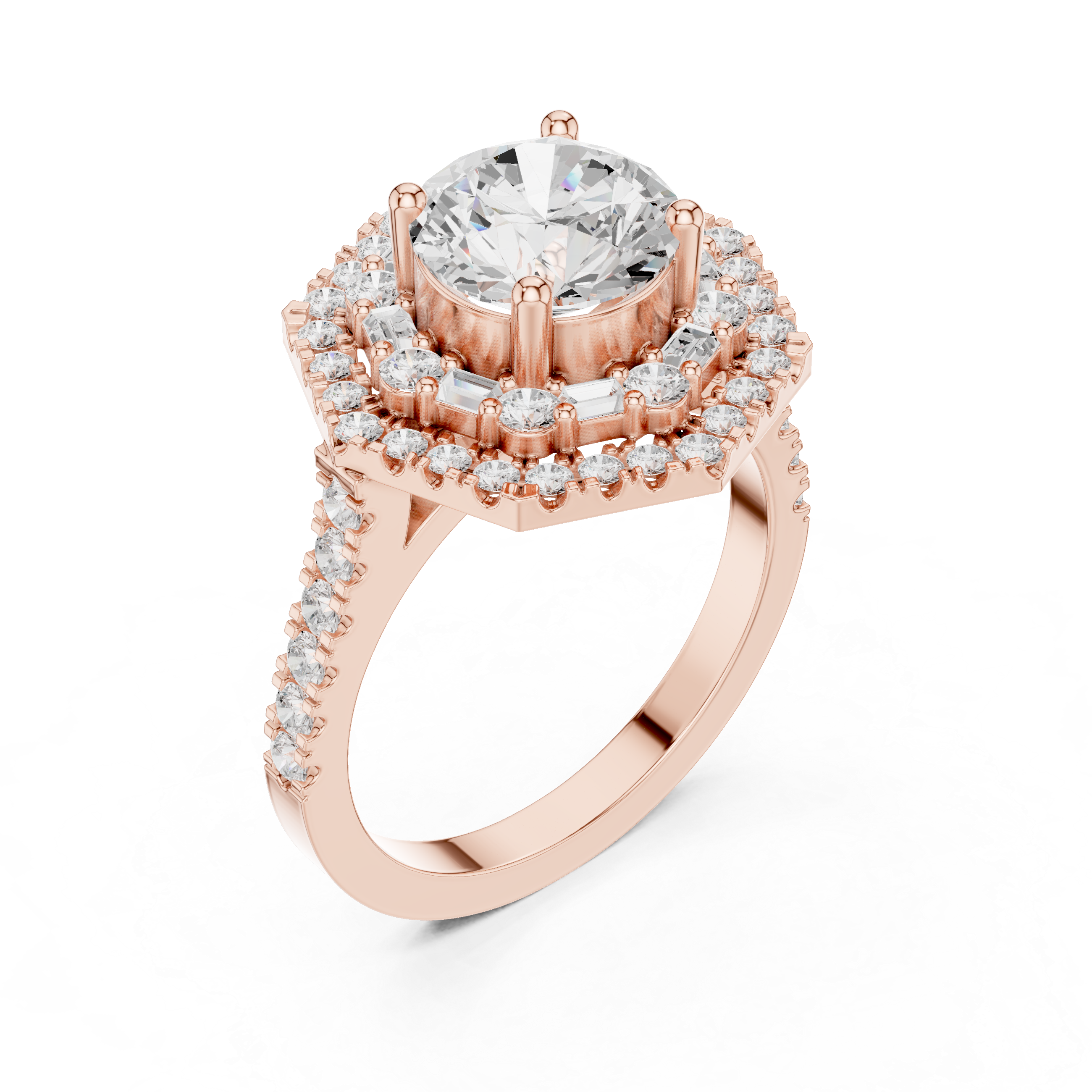 Round Diamond Hexagonal Double Halo Ring