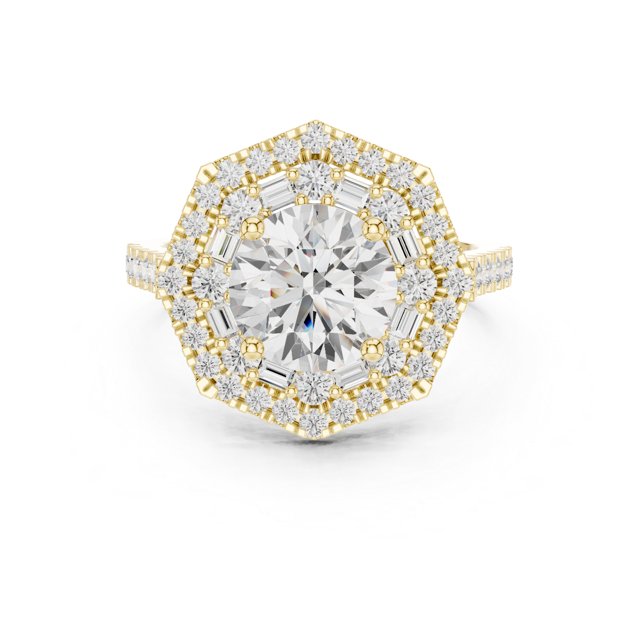 Round Diamond Hexagonal Double Halo Ring