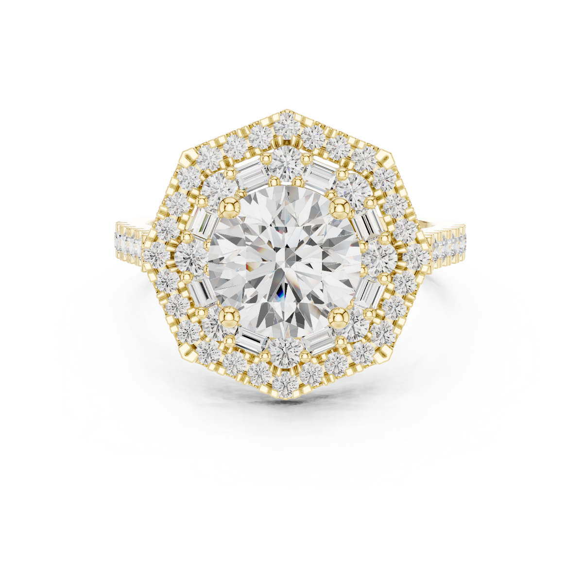 Round Diamond Hexagonal Double Halo Ring