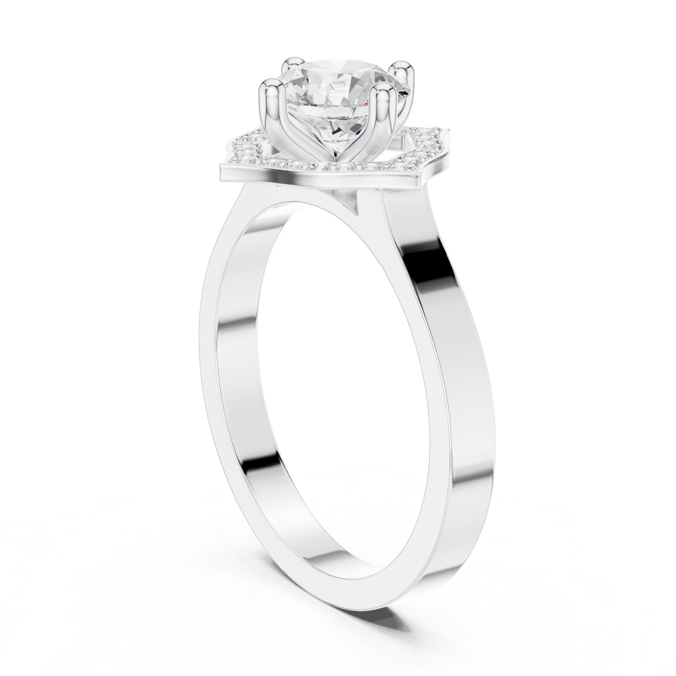 Round Diamond Ring With Kite-Shaped Halo