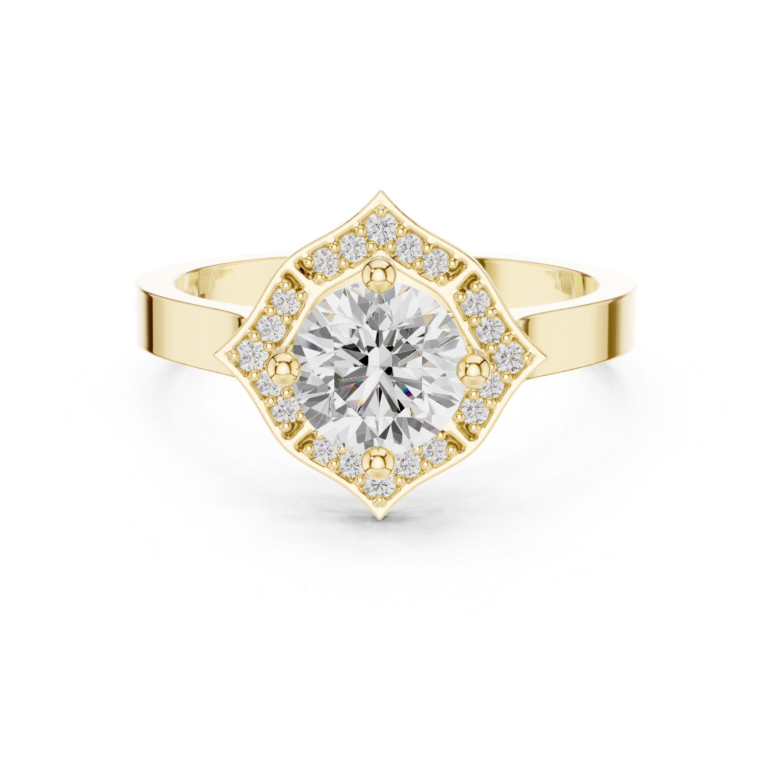Round Diamond Ring With Kite-Shaped Halo