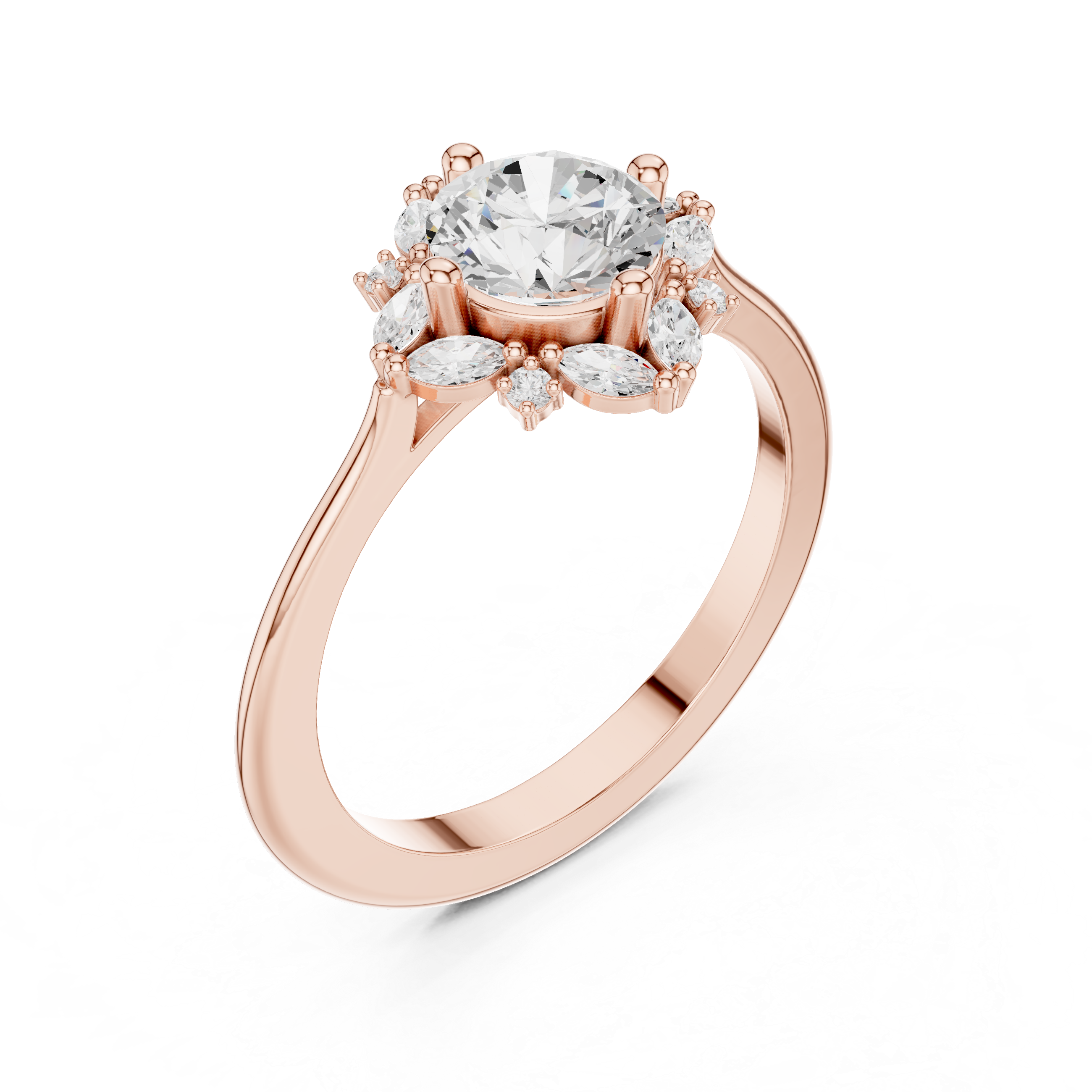 Round Diamond With Marquise Floral Halo Ring