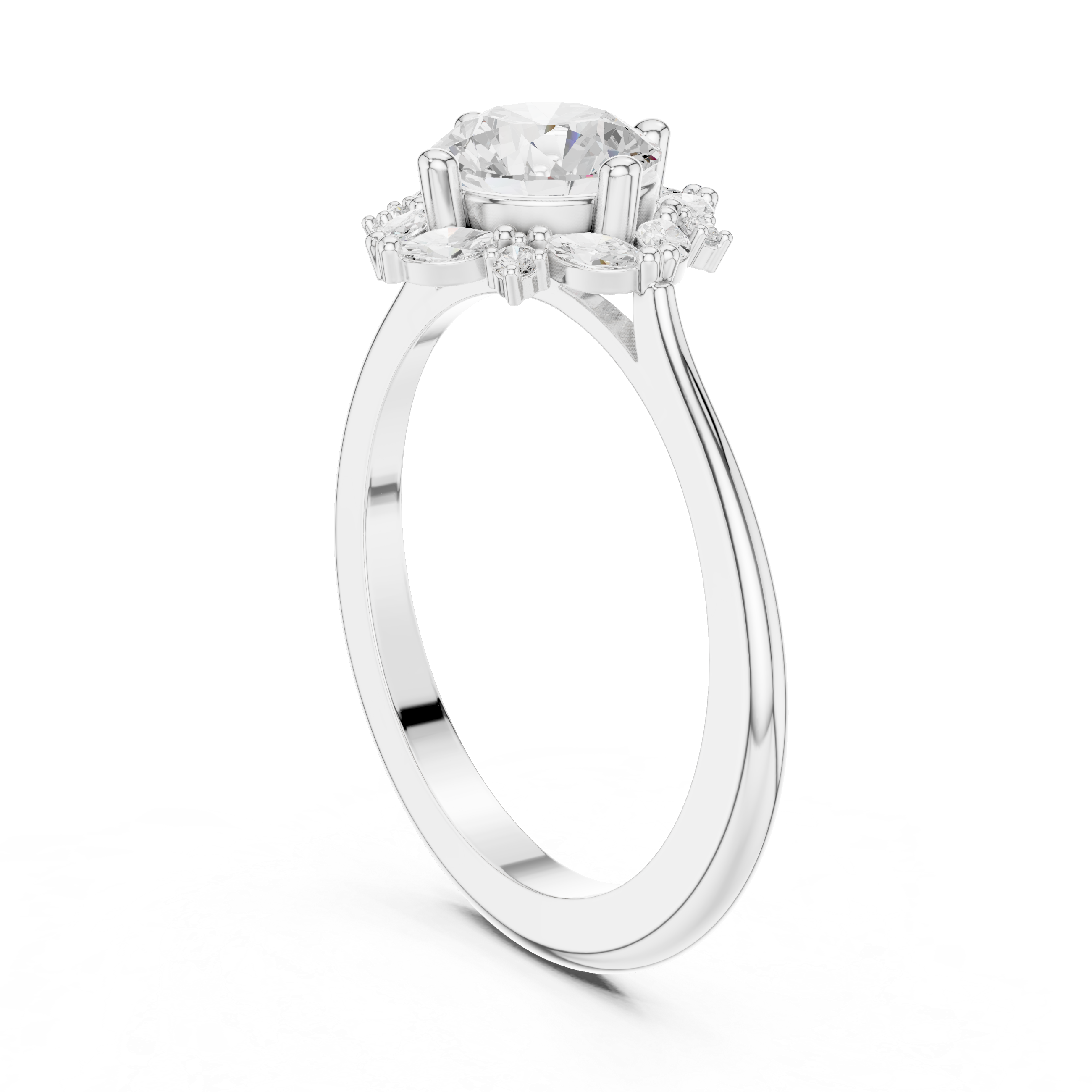 Round Diamond With Marquise Floral Halo Ring