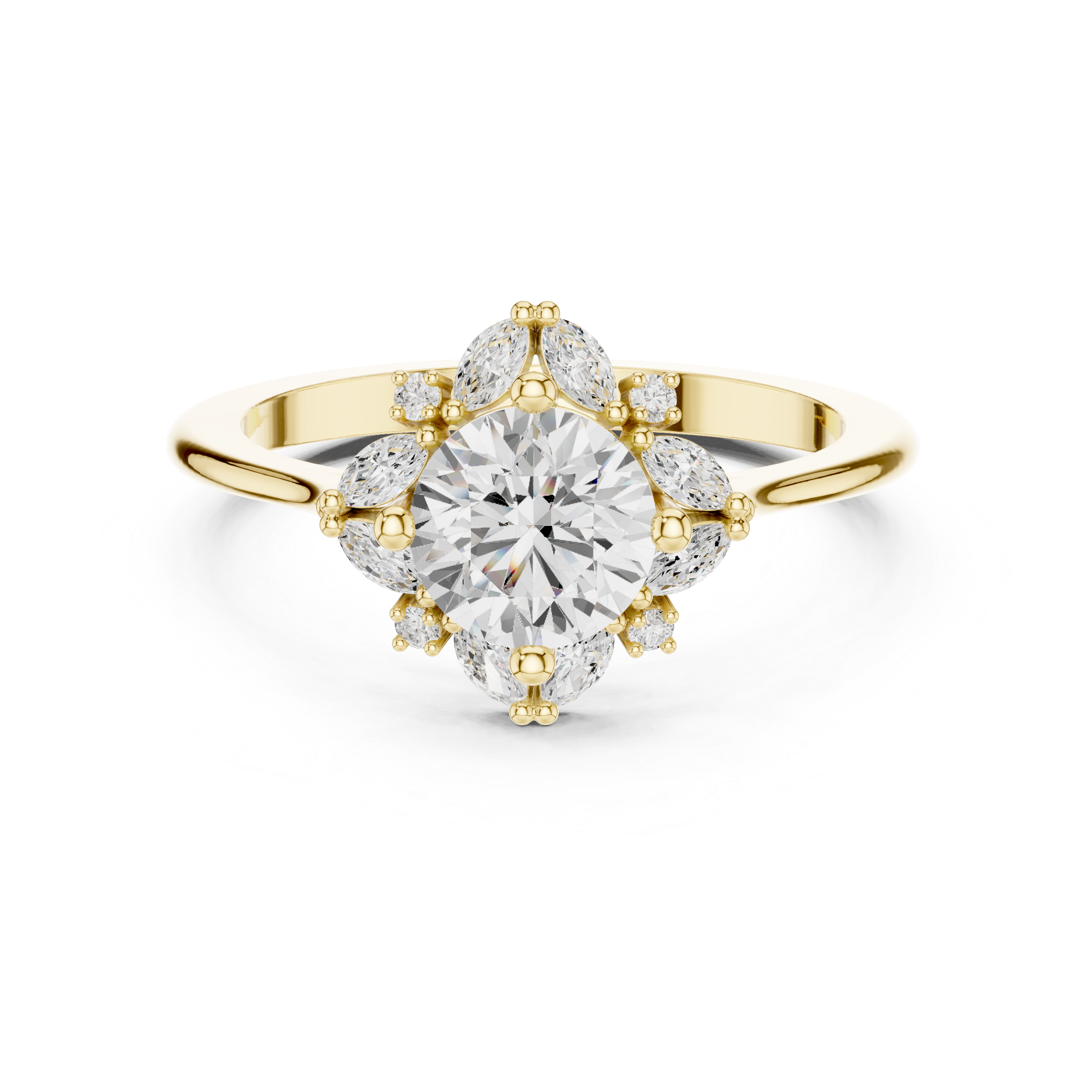 Round Diamond With Marquise Floral Halo Ring