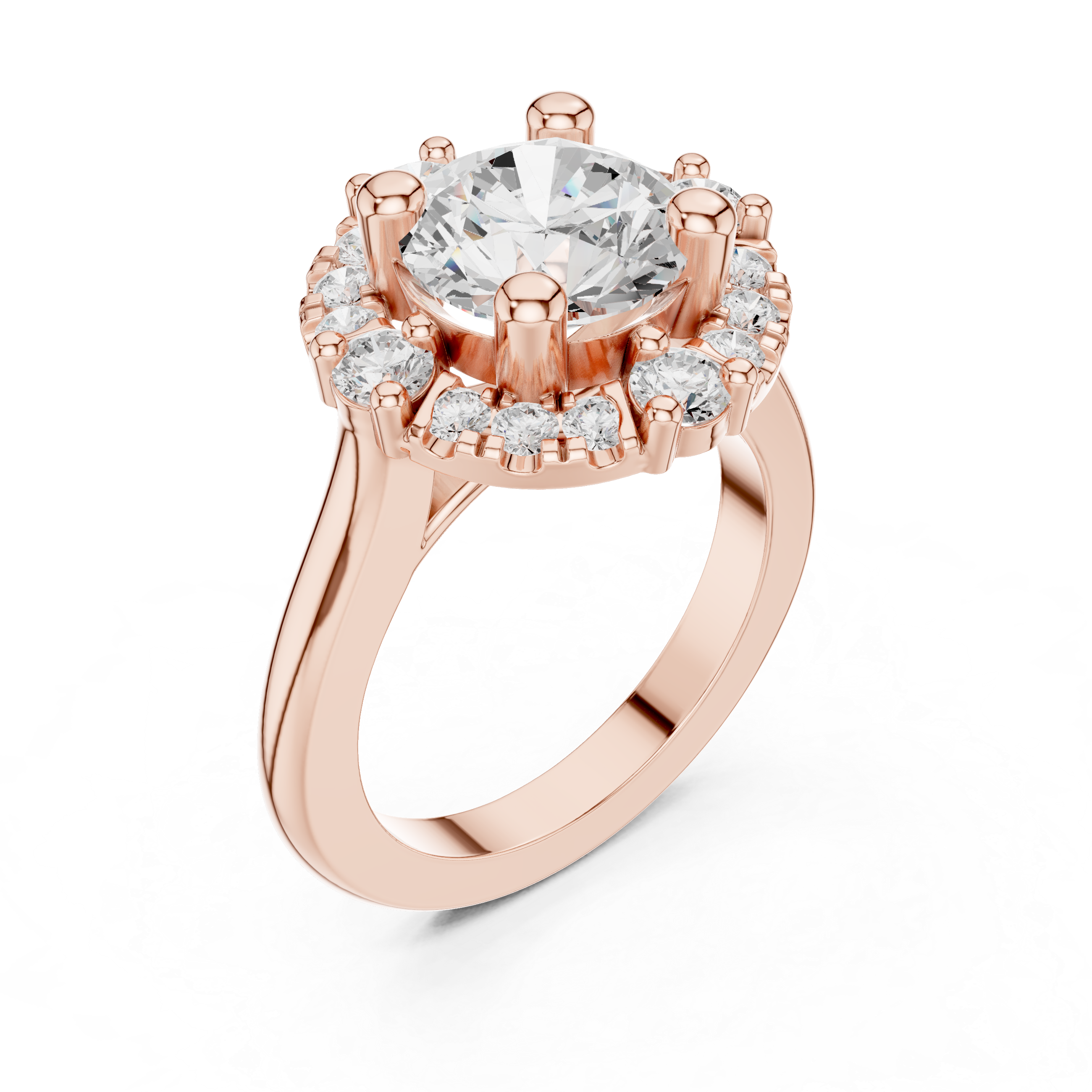Round Cut Cluster Halo With Cathedral Shank Ring