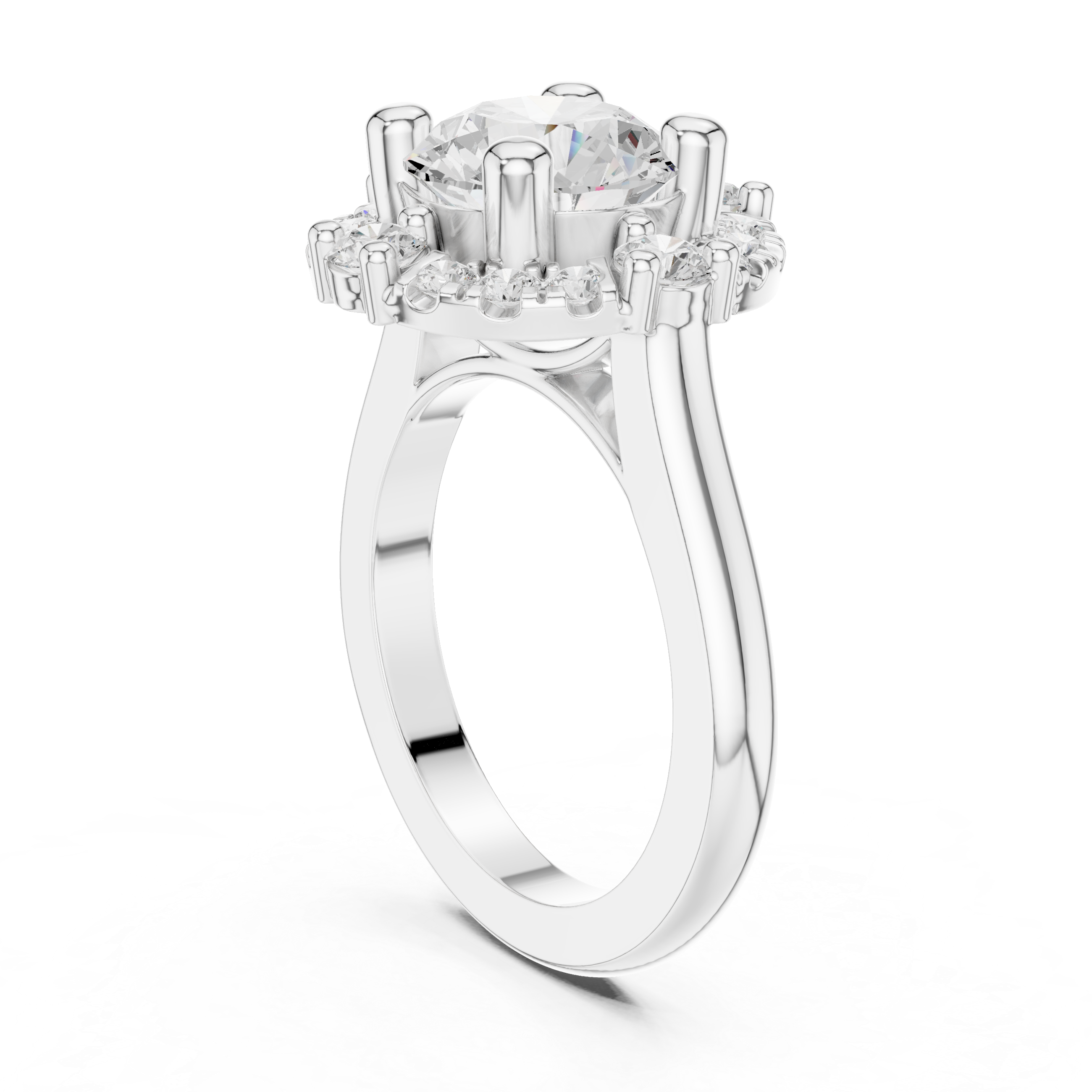 Round Cut Cluster Halo With Cathedral Shank Ring