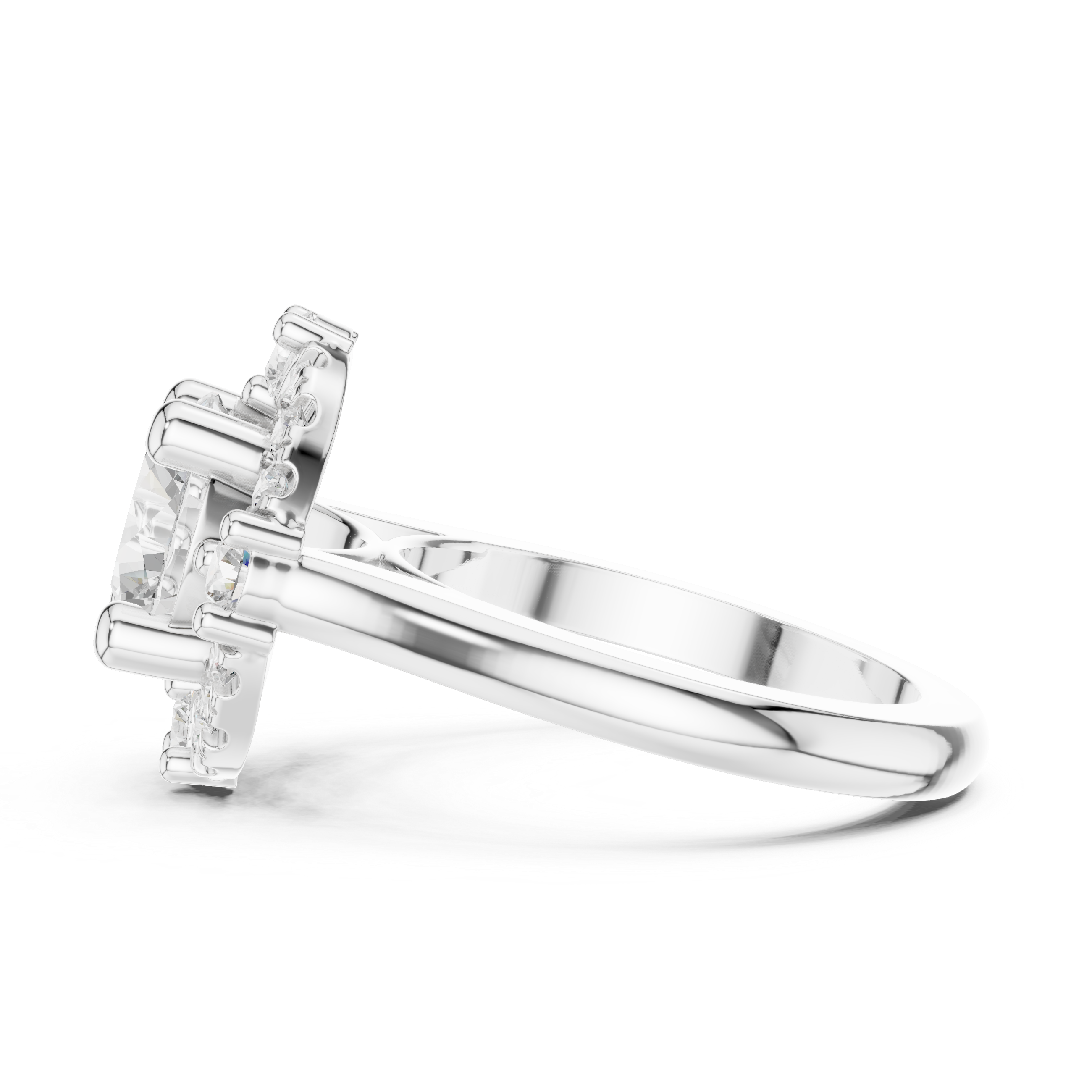 Round Cut Cluster Halo With Cathedral Shank Ring