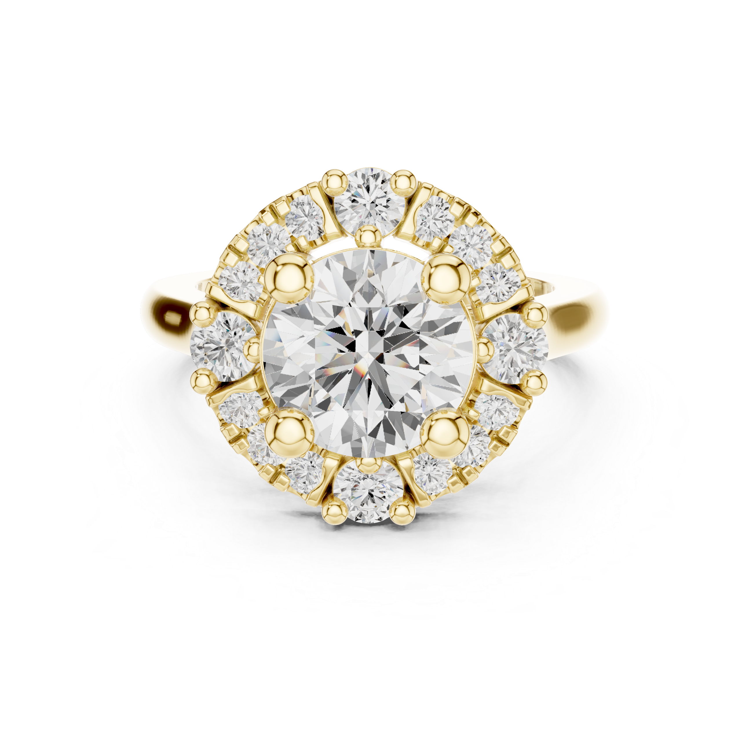 Round Cut Cluster Halo With Cathedral Shank Ring