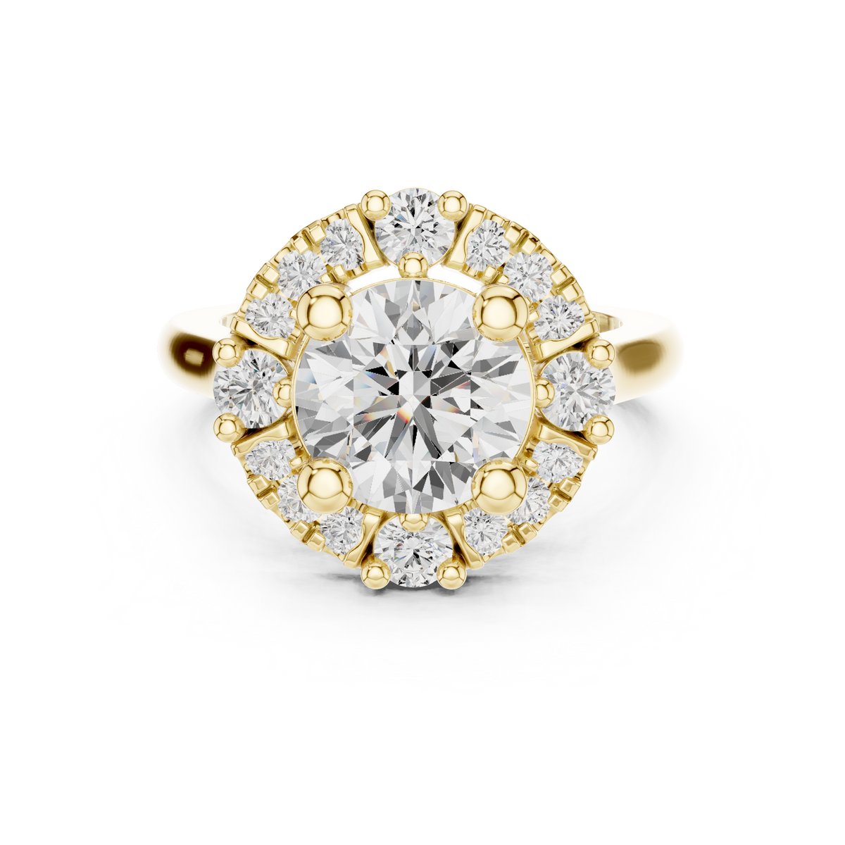 Round Cut Cluster Halo With Cathedral Shank Ring