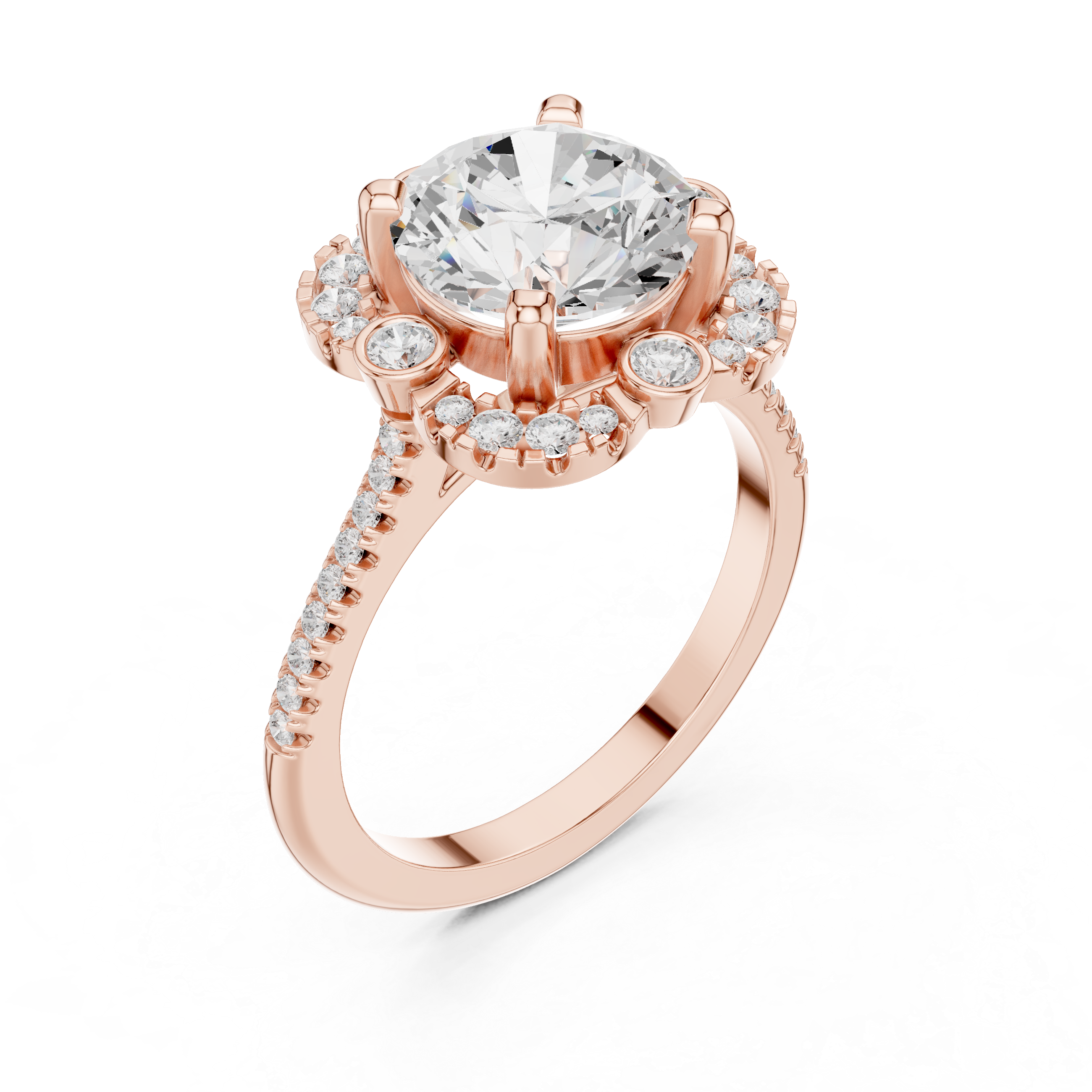 Round Diamond Bezel-Accented Scalloped Halo Ring