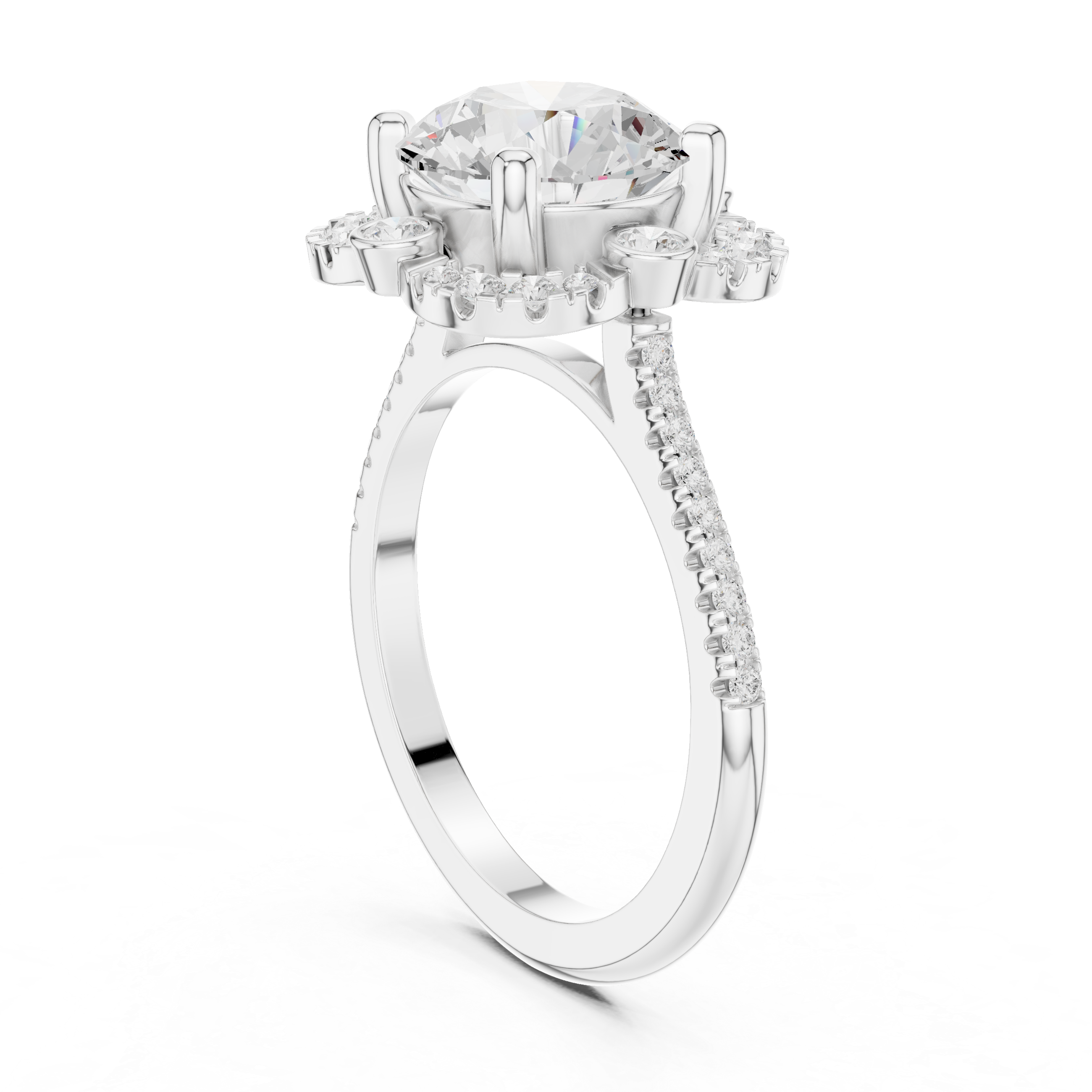 Round Diamond Bezel-Accented Scalloped Halo Ring