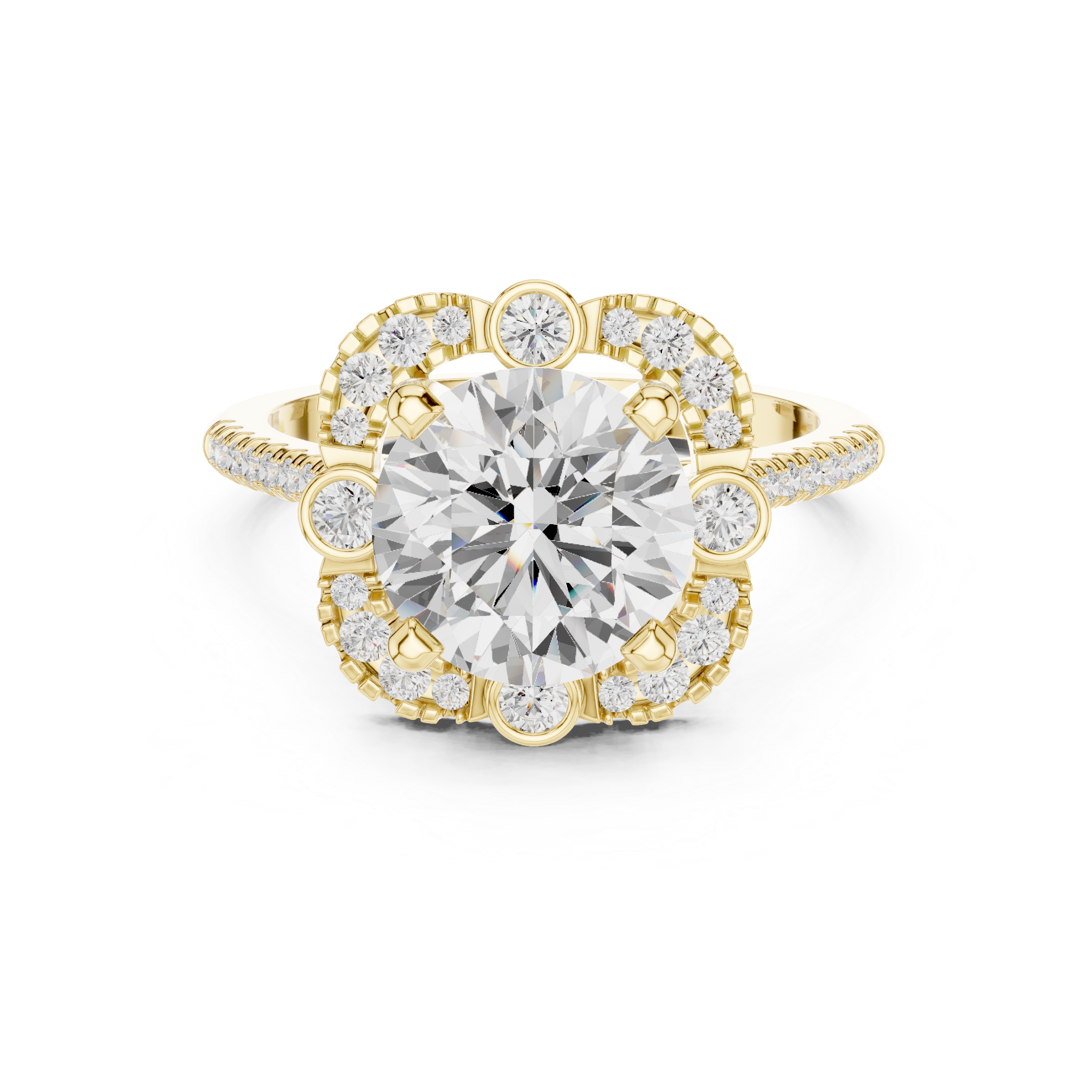 Round Diamond Bezel-Accented Scalloped Halo Ring