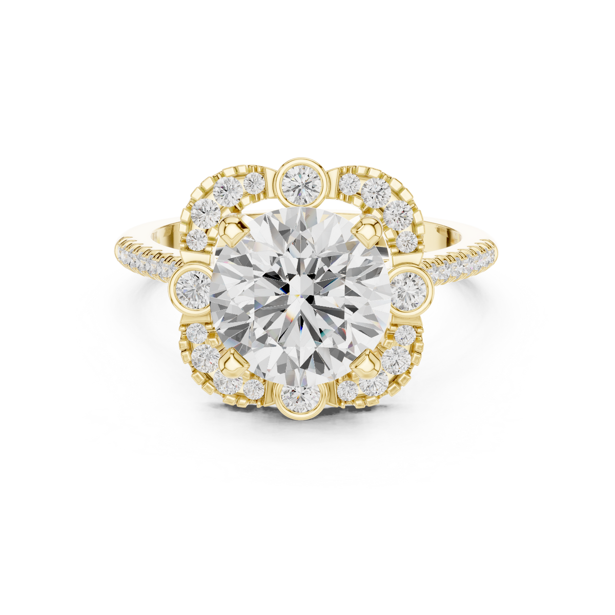 Round Diamond Bezel-Accented Scalloped Halo Ring