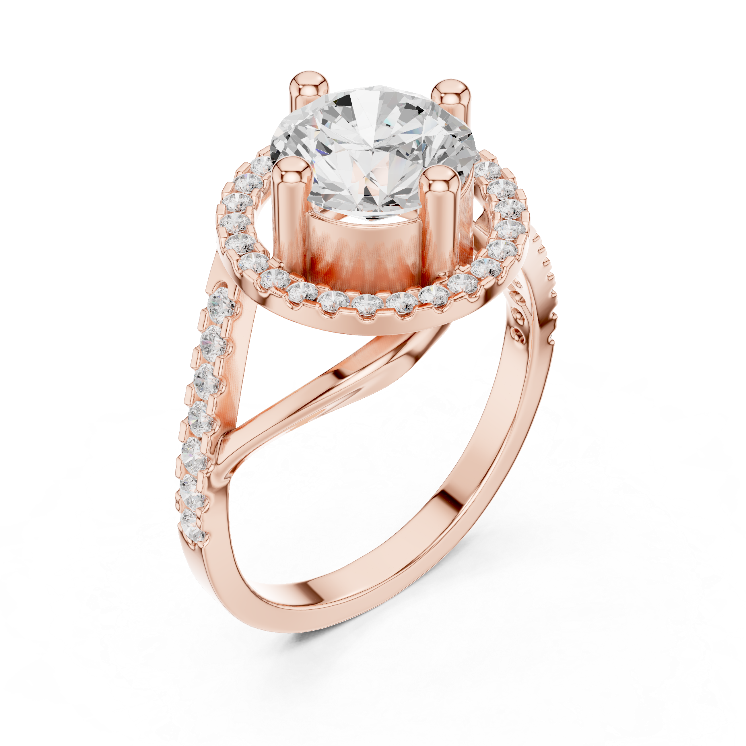 Round Diamond Floating Halo With Bypass Pave Shank Ring