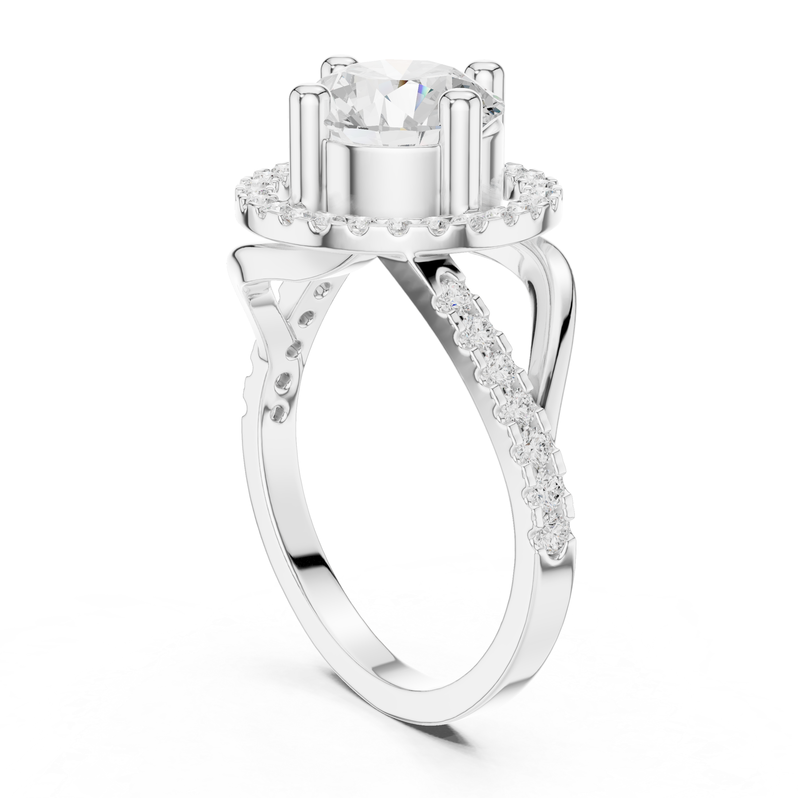 Round Diamond Floating Halo With Bypass Pave Shank Ring