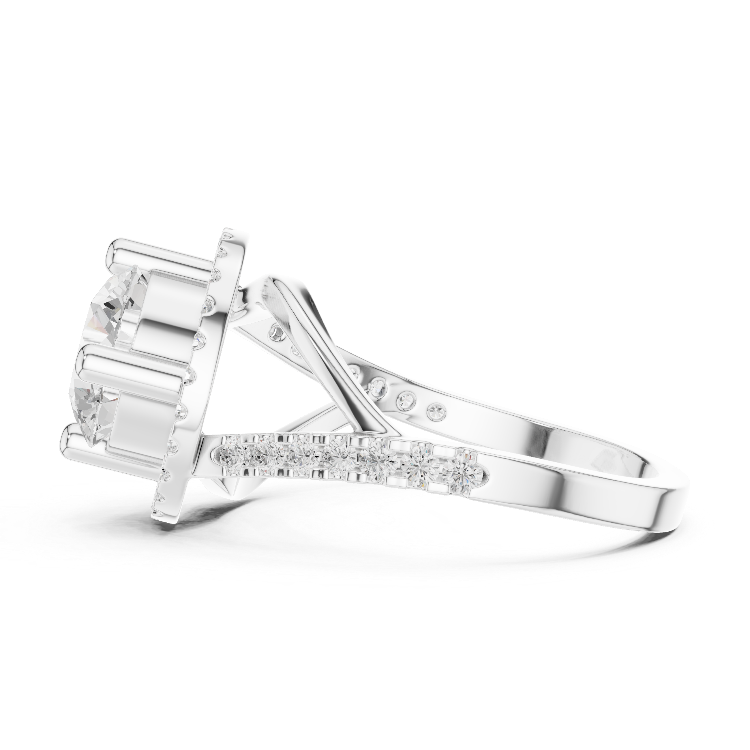 Round Diamond Floating Halo With Bypass Pave Shank Ring