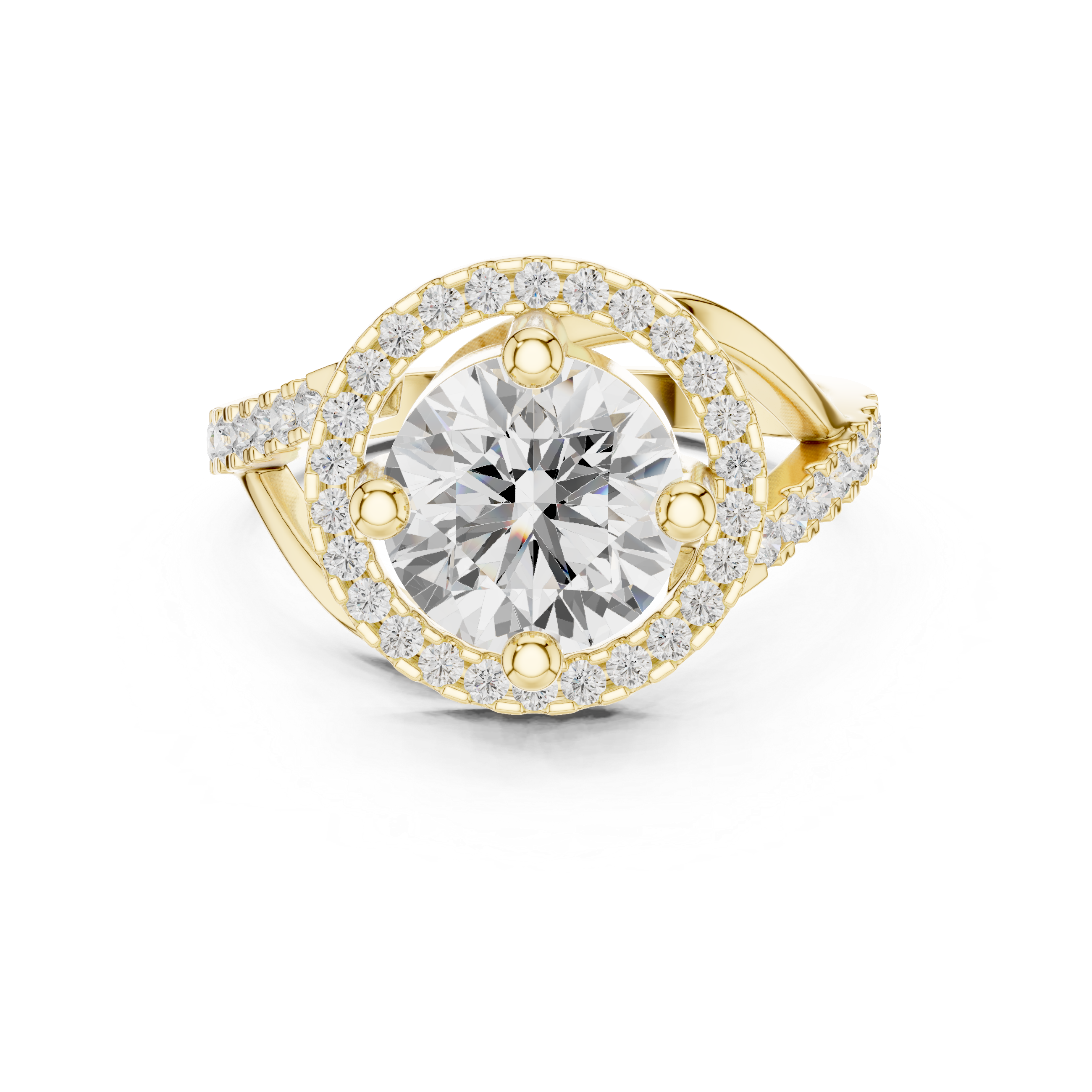 Round Diamond Floating Halo With Bypass Pave Shank Ring