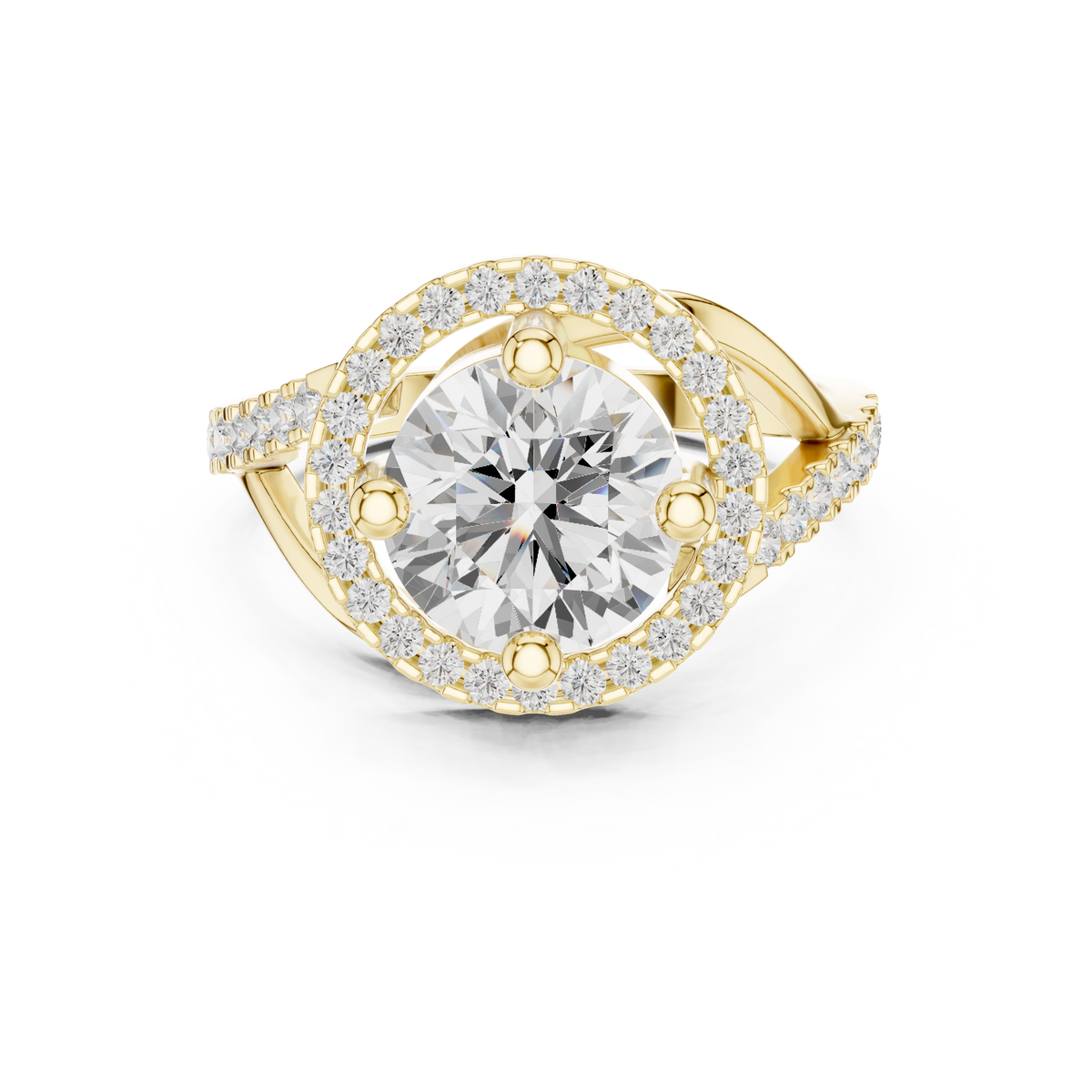Round Diamond Floating Halo With Bypass Pave Shank Ring
