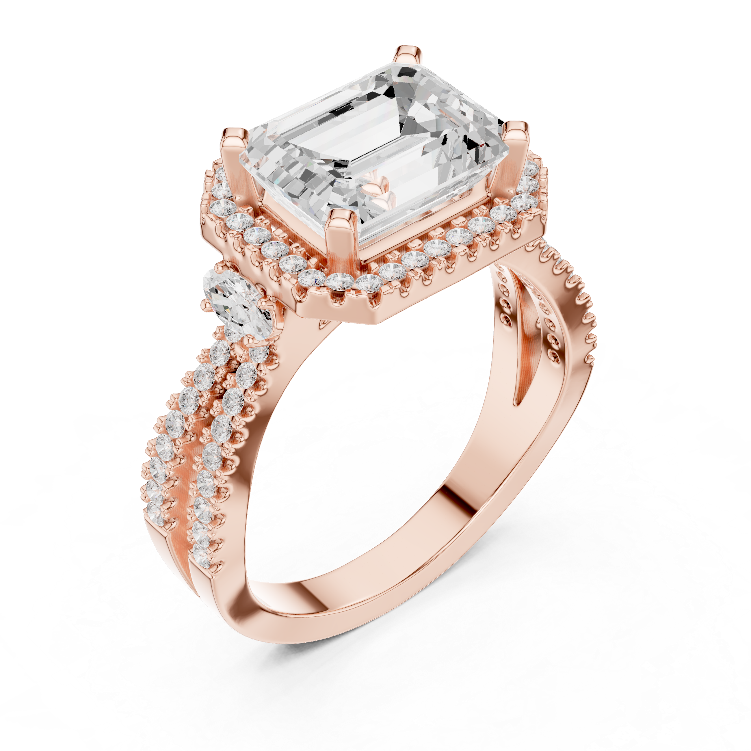 East-West Emerald Cut Diamond Double Band Halo Ring