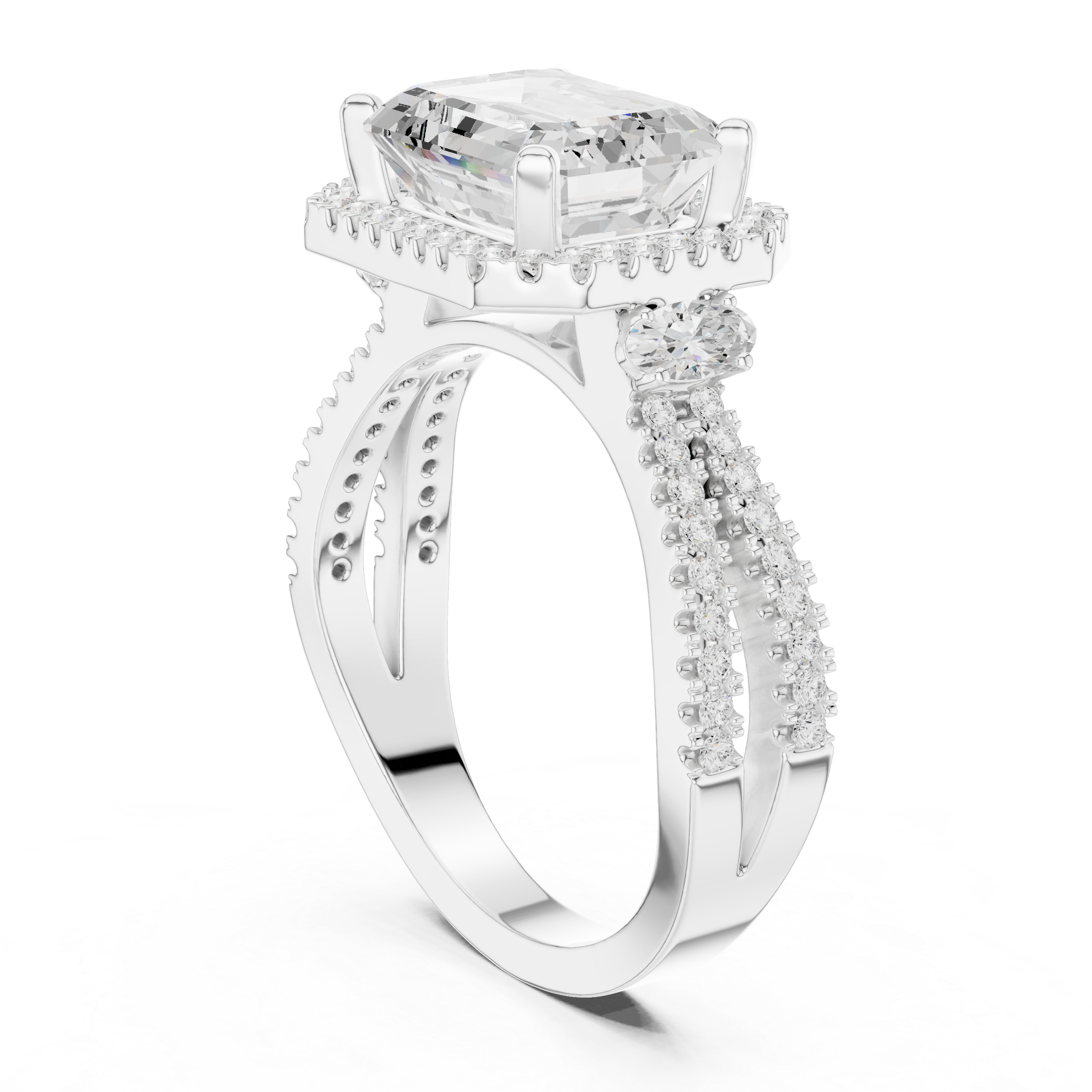 East-West Emerald Cut Diamond Double Band Halo Ring