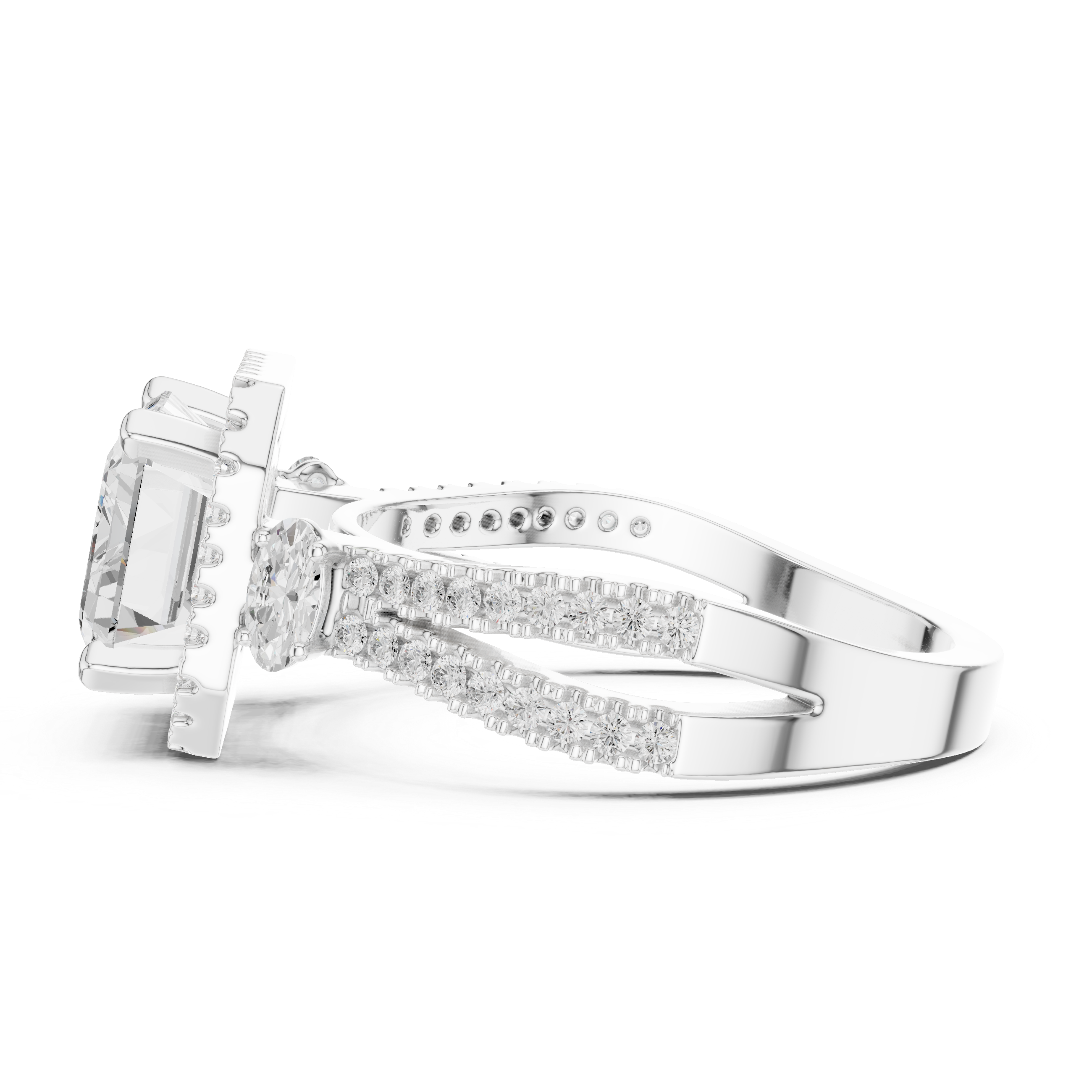 East-West Emerald Cut Diamond Double Band Halo Ring
