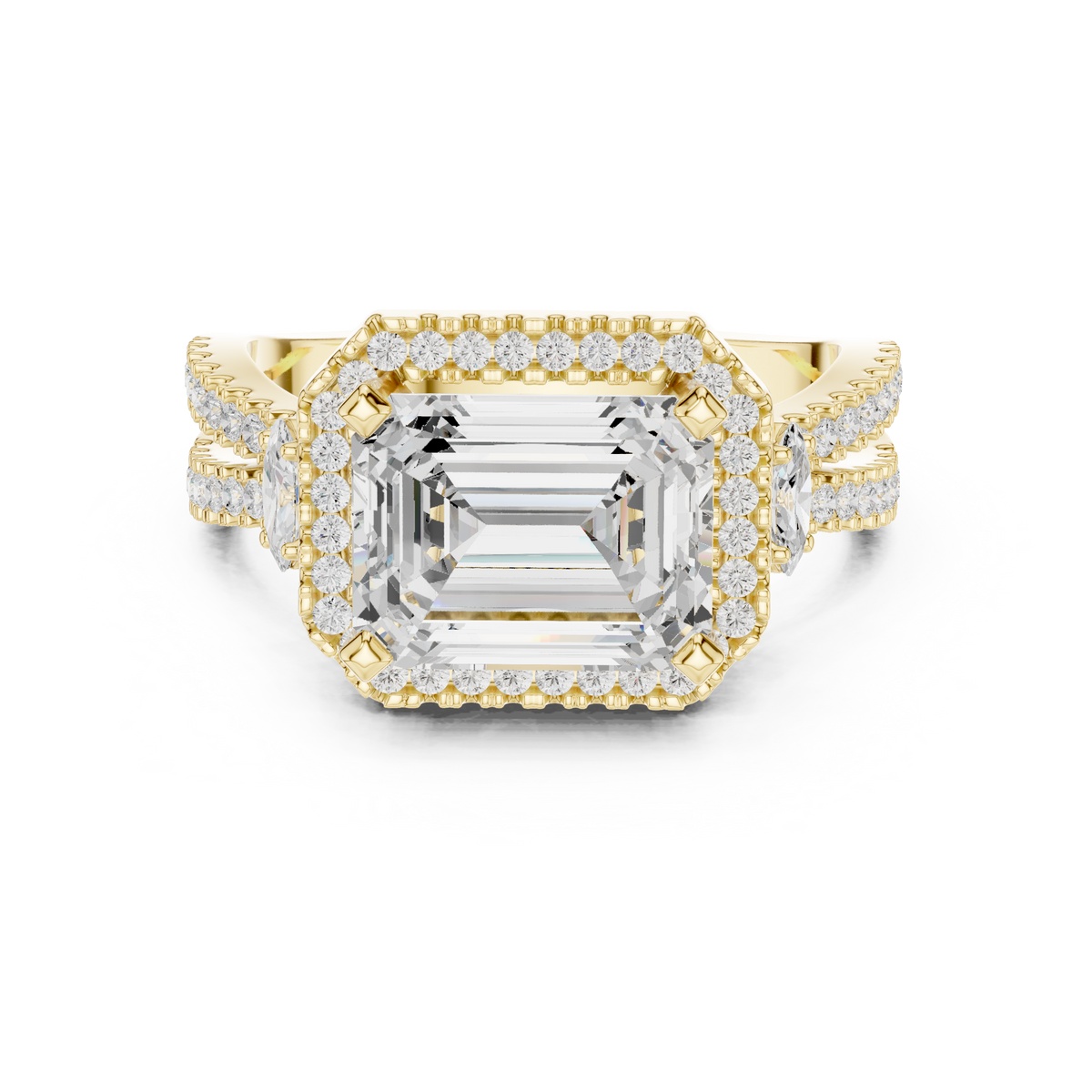East-West Emerald Cut Diamond Double Band Halo Ring