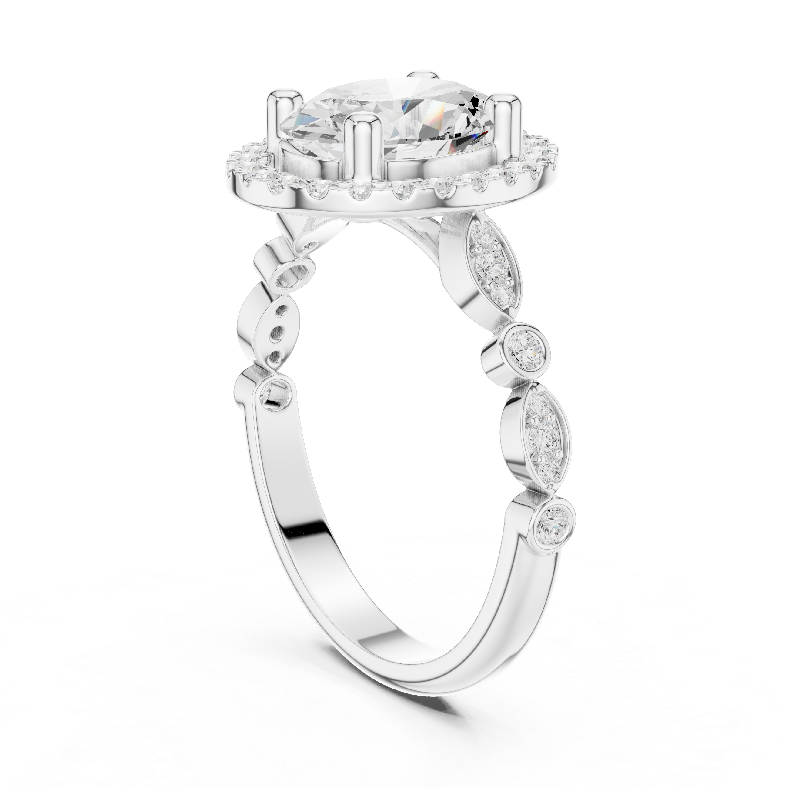 Oval Diamond Halo Ring With Bezel-Set Band