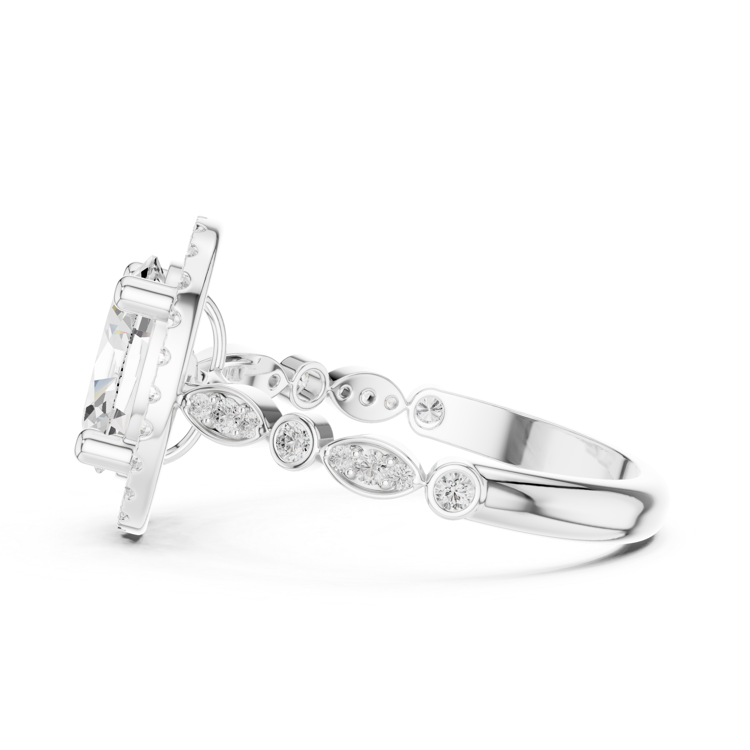 Oval Diamond Halo Ring With Bezel-Set Band