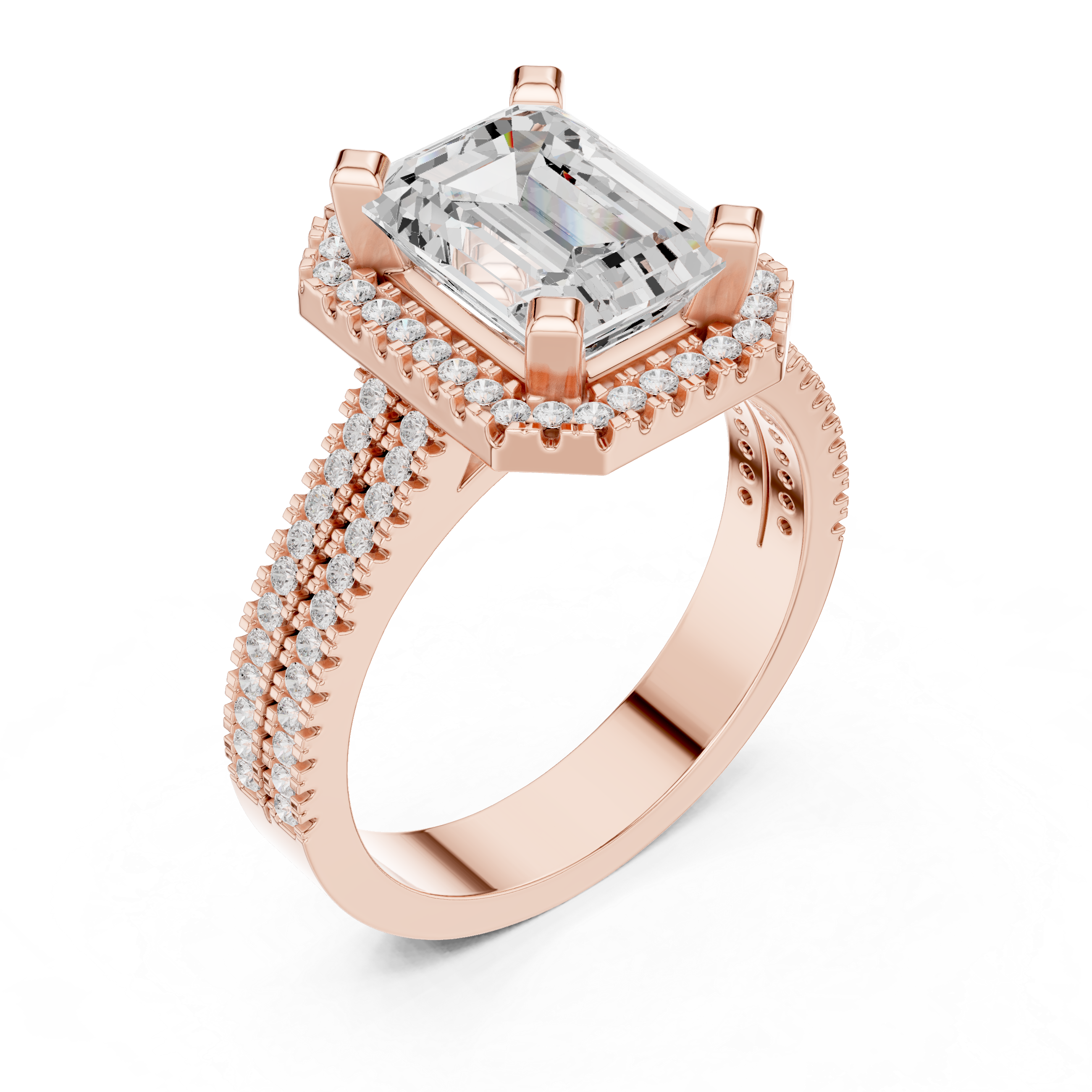 Emerald Diamond Halo Ring With Two-Row Pave Band
