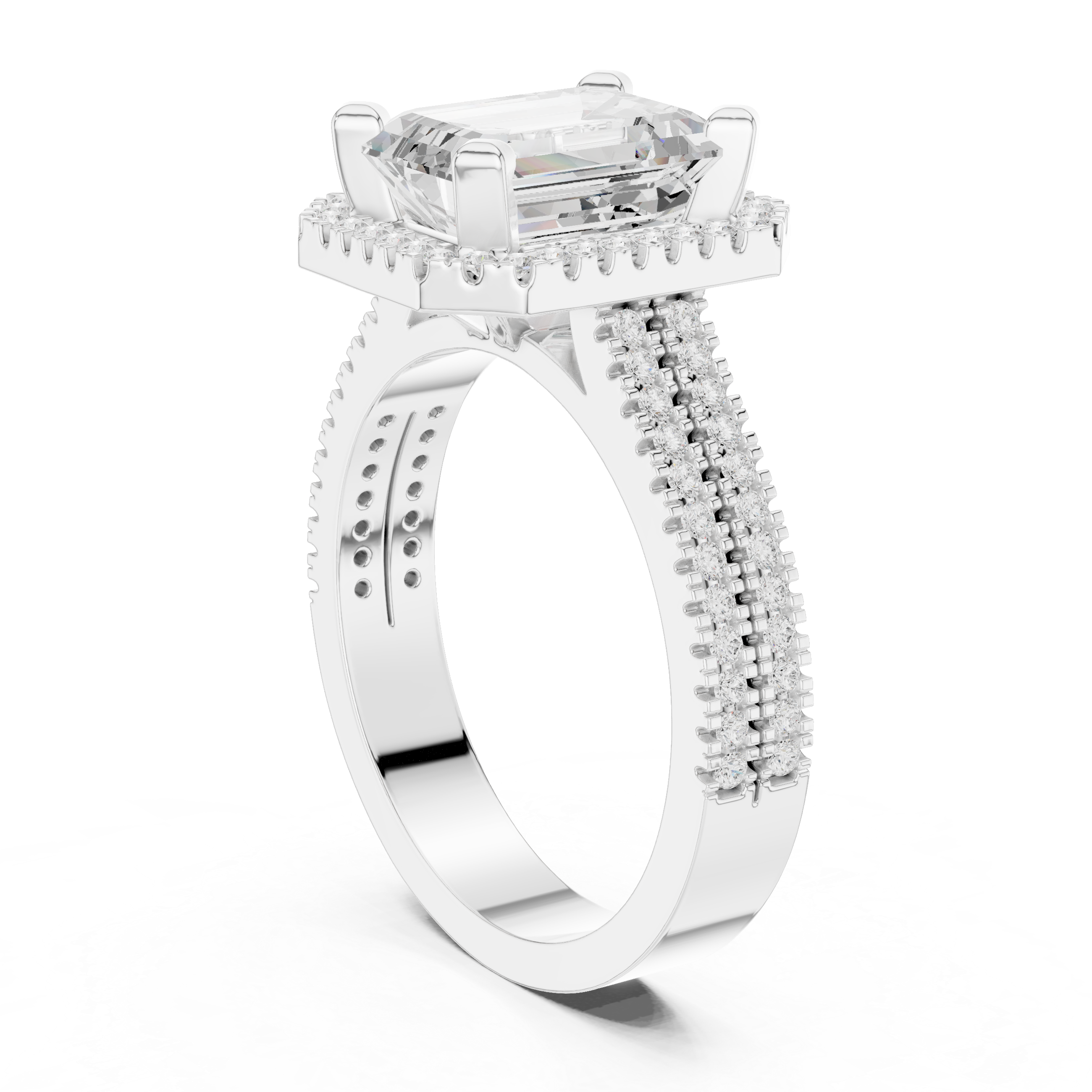Emerald Diamond Halo Ring With Two-Row Pave Band