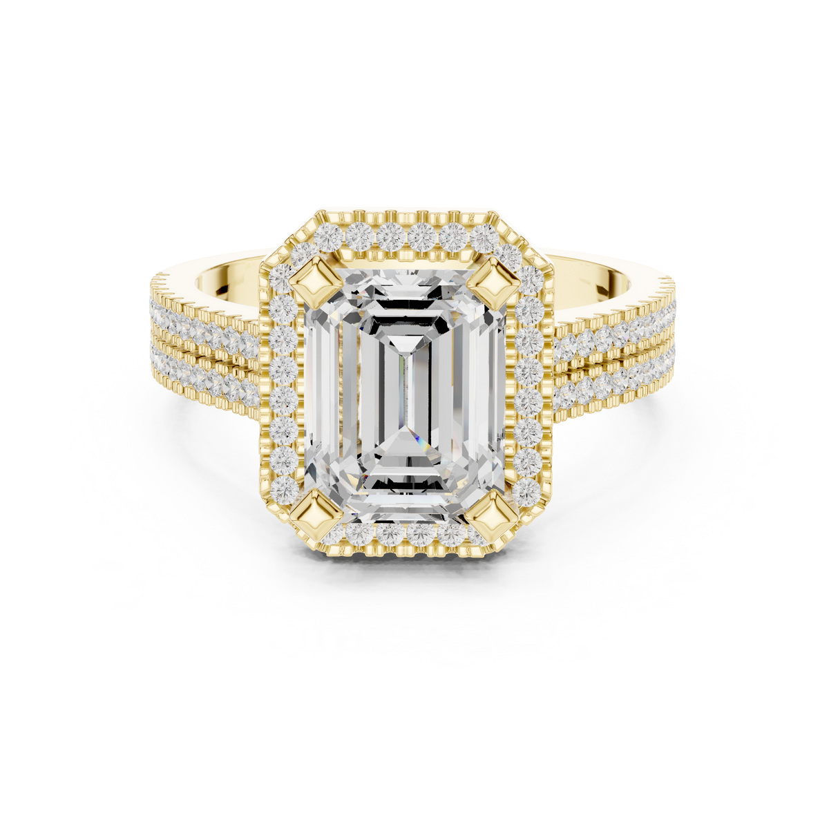 Emerald Diamond Halo Ring With Two-Row Pave Band