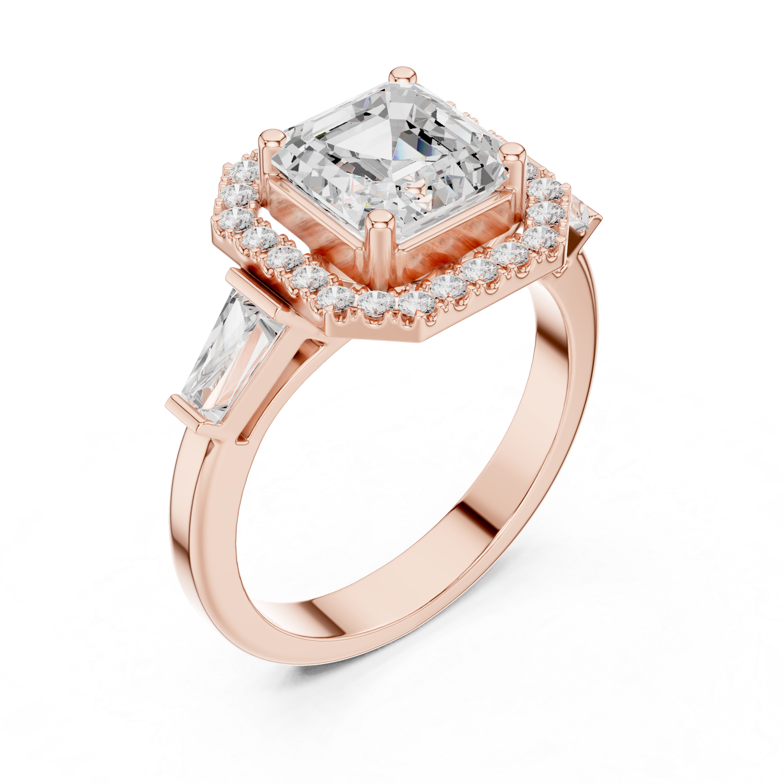 Asscher Cut Diamond Halo Ring With Tapper Baguette