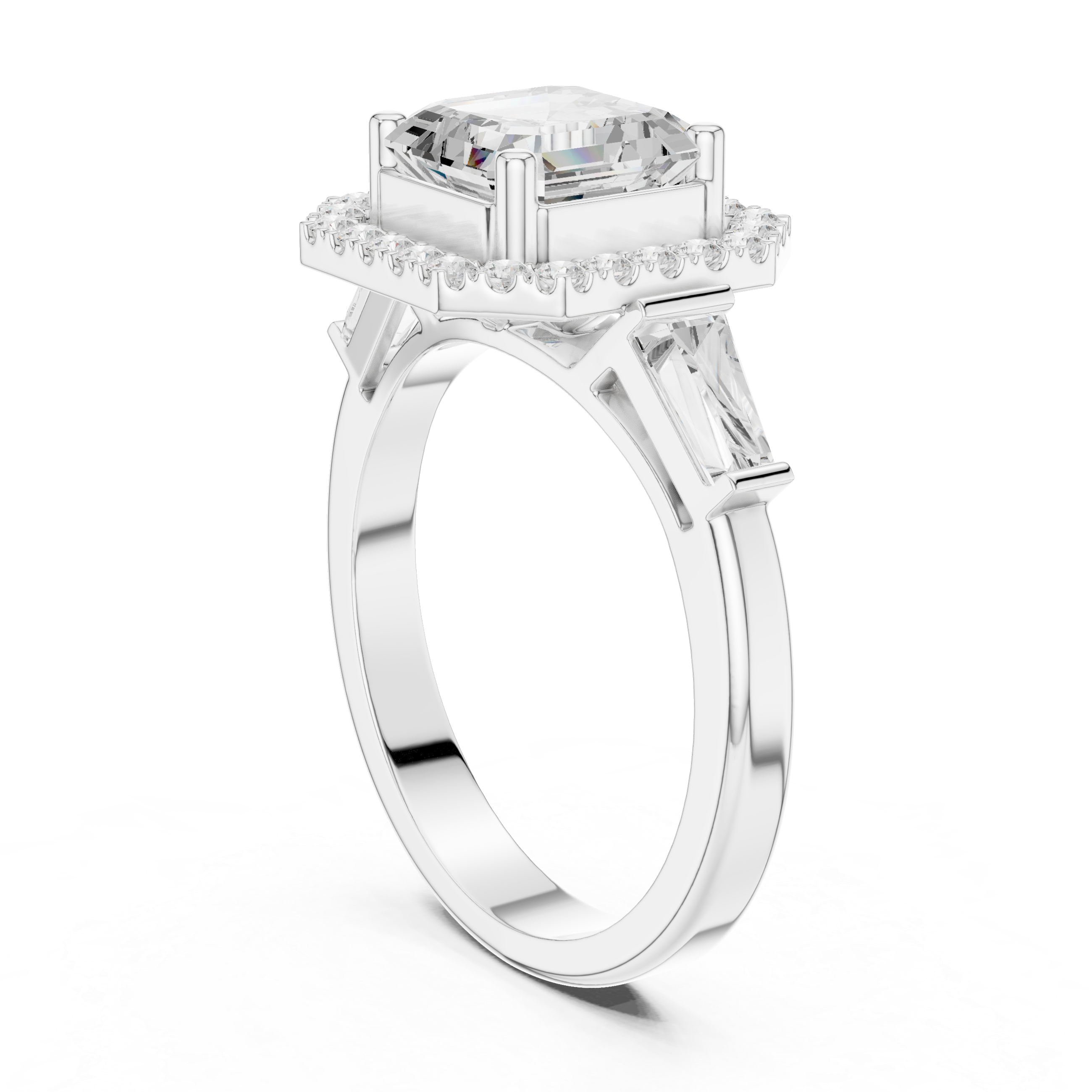 Asscher Cut Diamond Halo Ring With Tapper Baguette