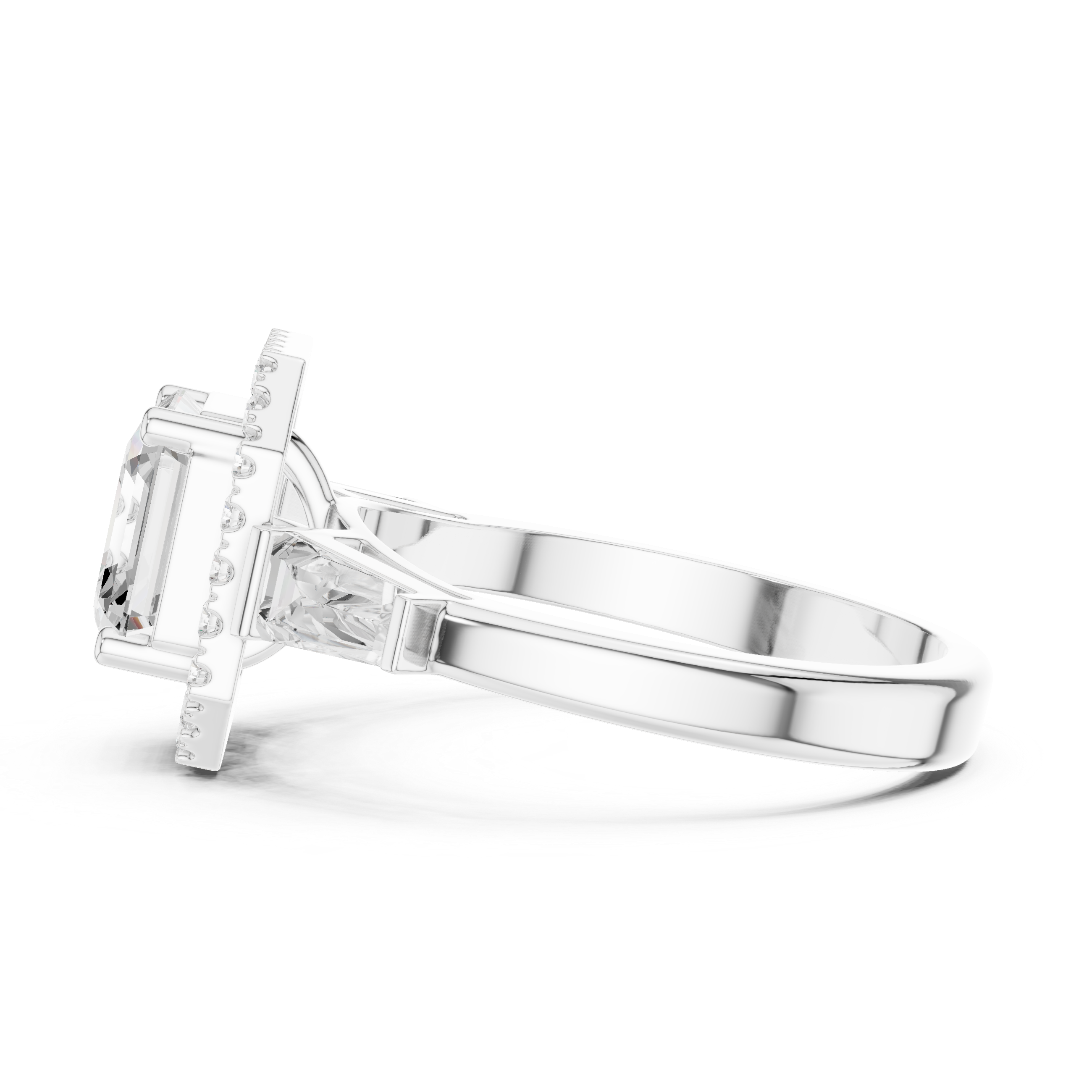 Asscher Cut Diamond Halo Ring With Tapper Baguette