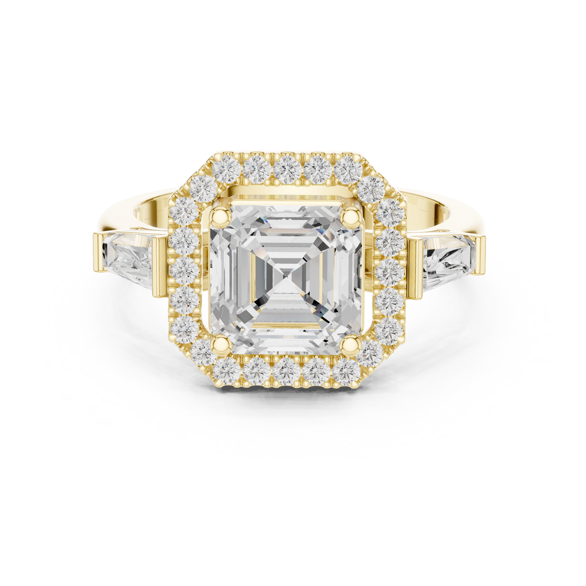 Asscher Cut Diamond Halo Ring With Tapper Baguette