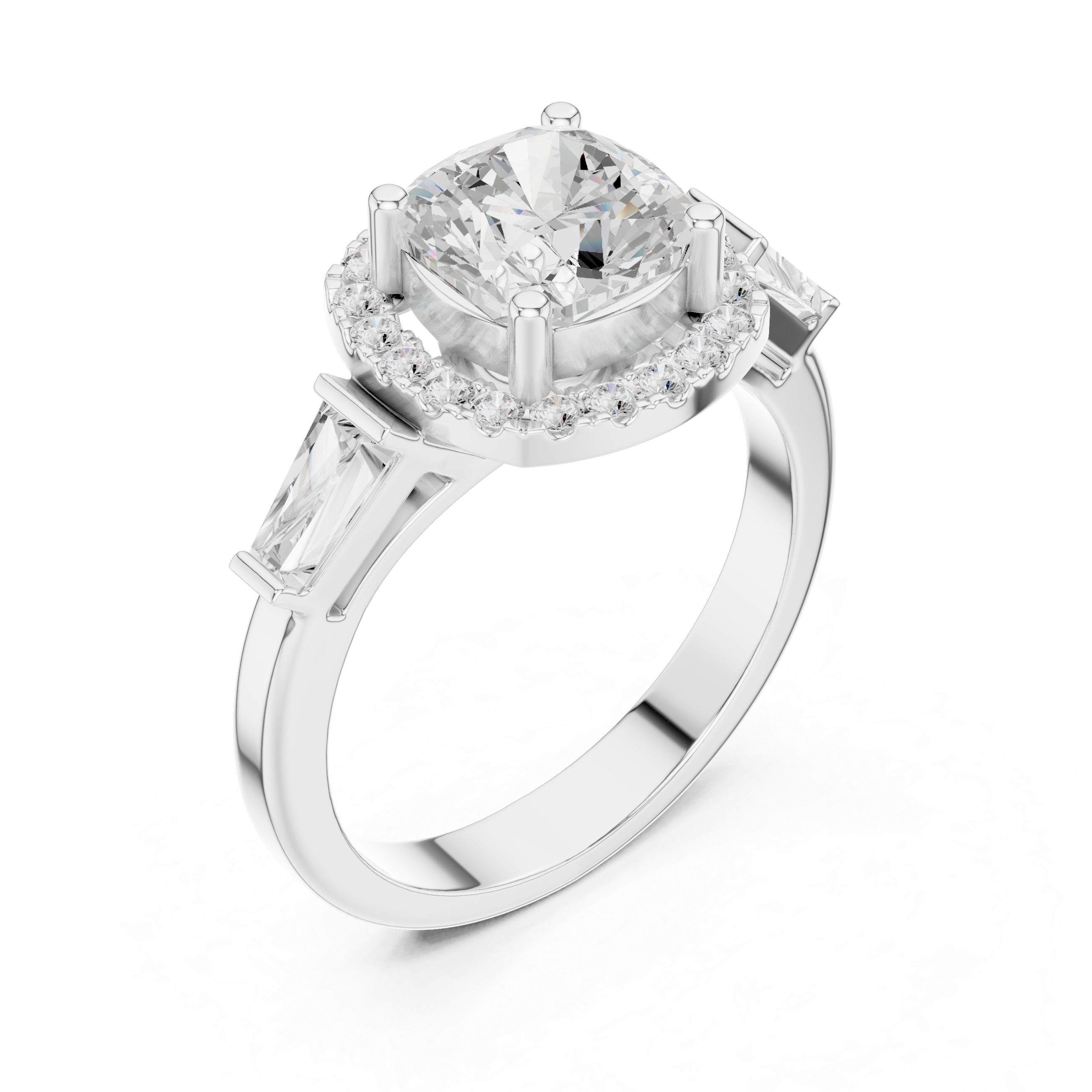 Cushion Cut Diamond Halo Ring With Tapper Baguette