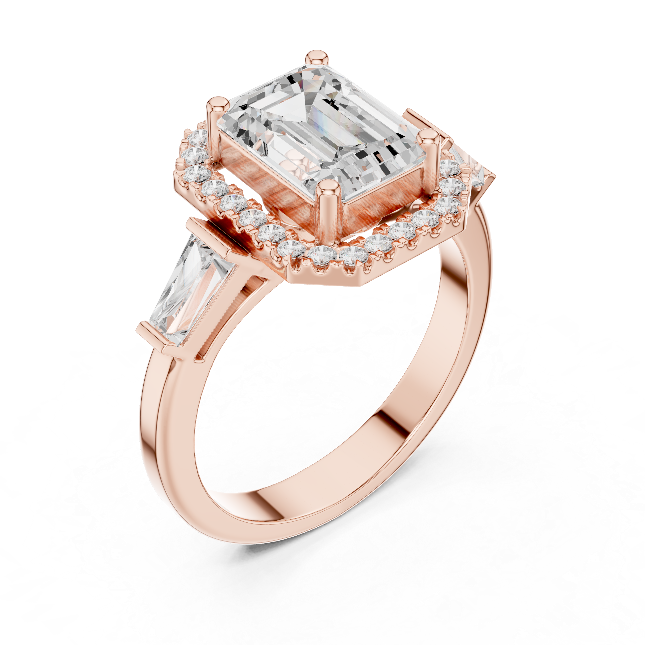 Emerald Cut Diamond Halo Ring With Tapper Baguette