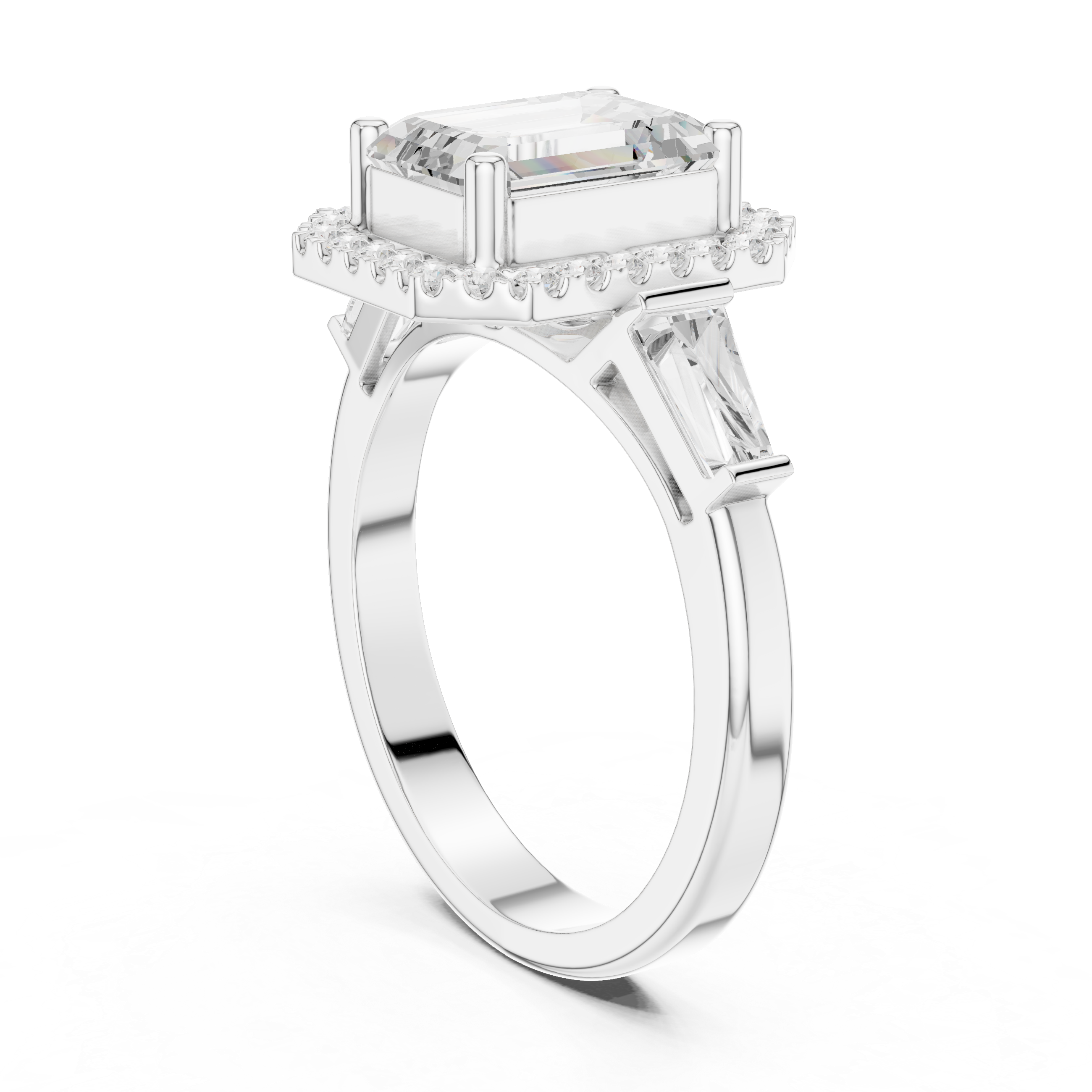 Emerald Cut Diamond Halo Ring With Tapper Baguette