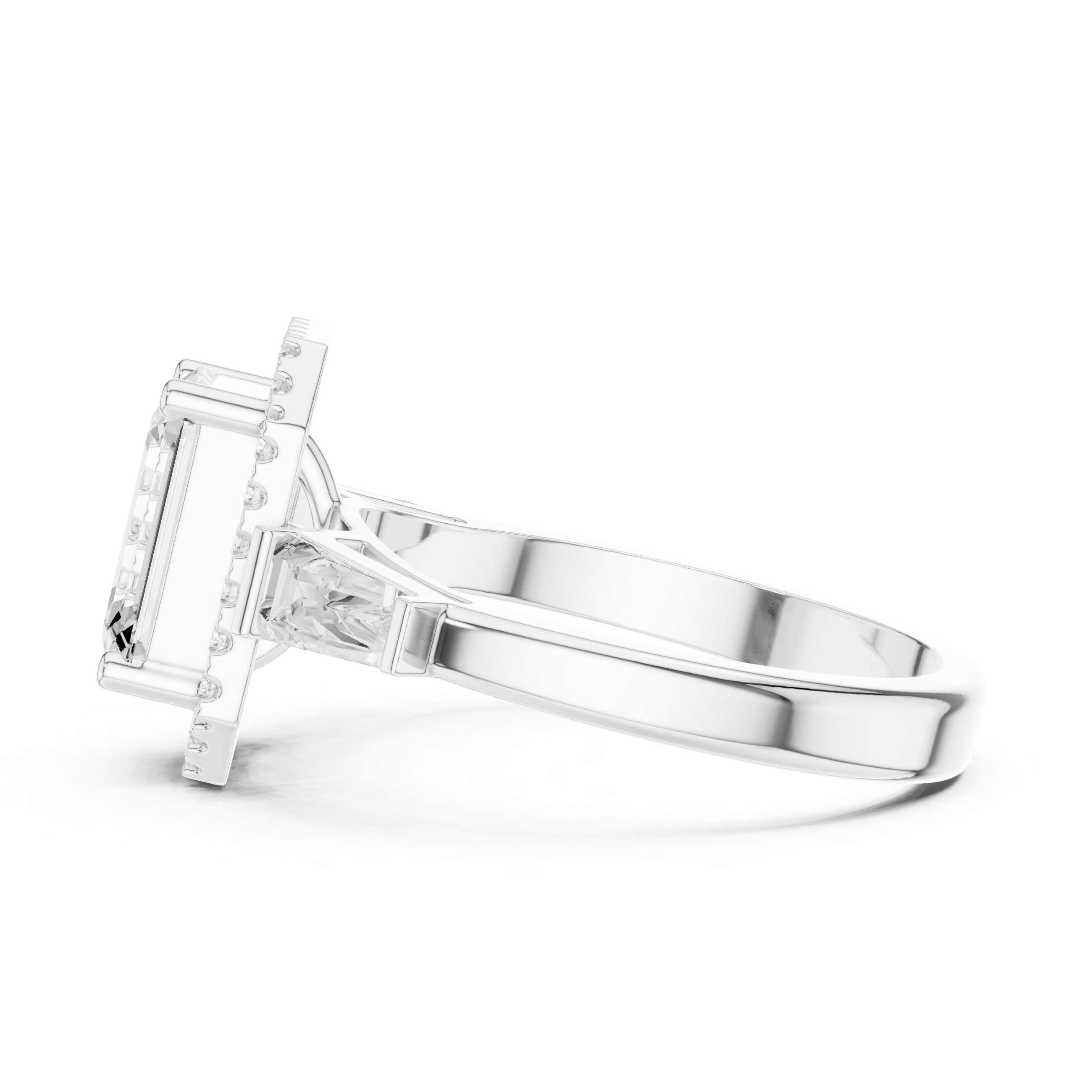 Emerald Cut Diamond Halo Ring With Tapper Baguette