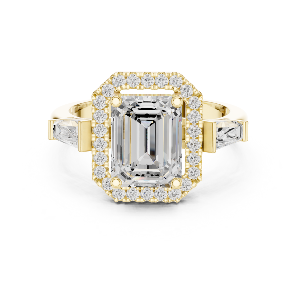 Emerald Cut Diamond Halo Ring With Tapper Baguette