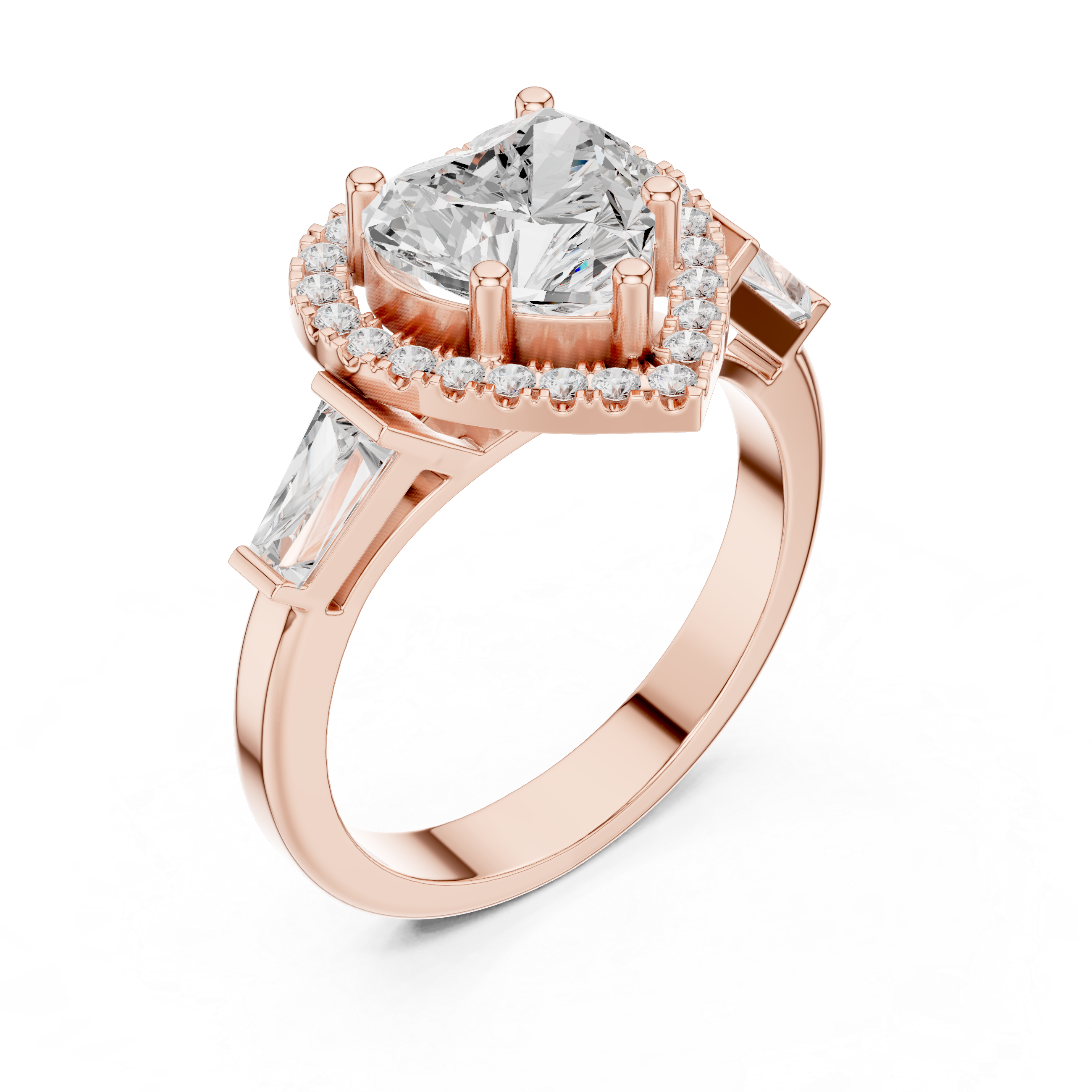 Heart Cut Diamond Halo Ring With Tapper Baguette