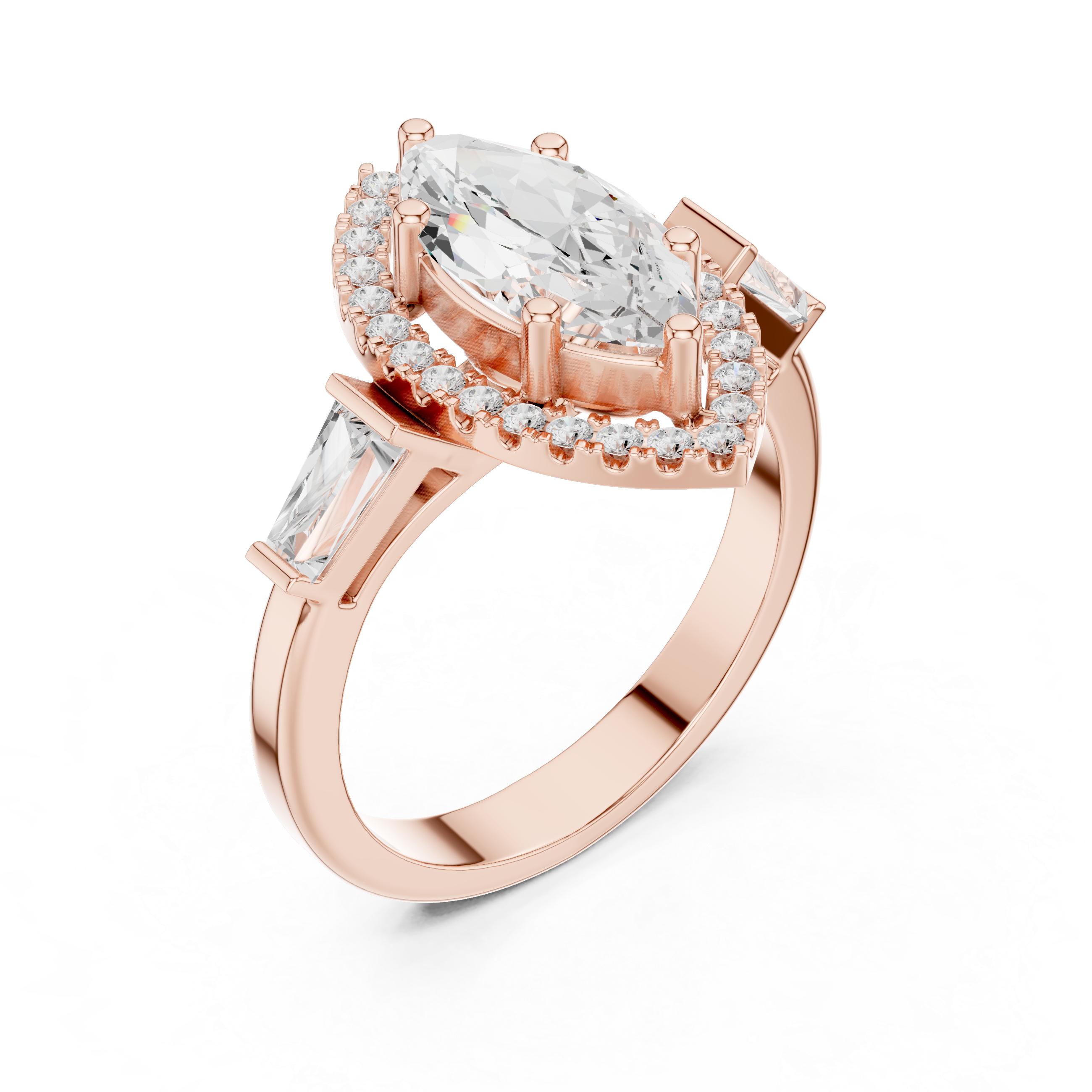 Marquise Cut Diamond Halo Ring With Tapper Baguette