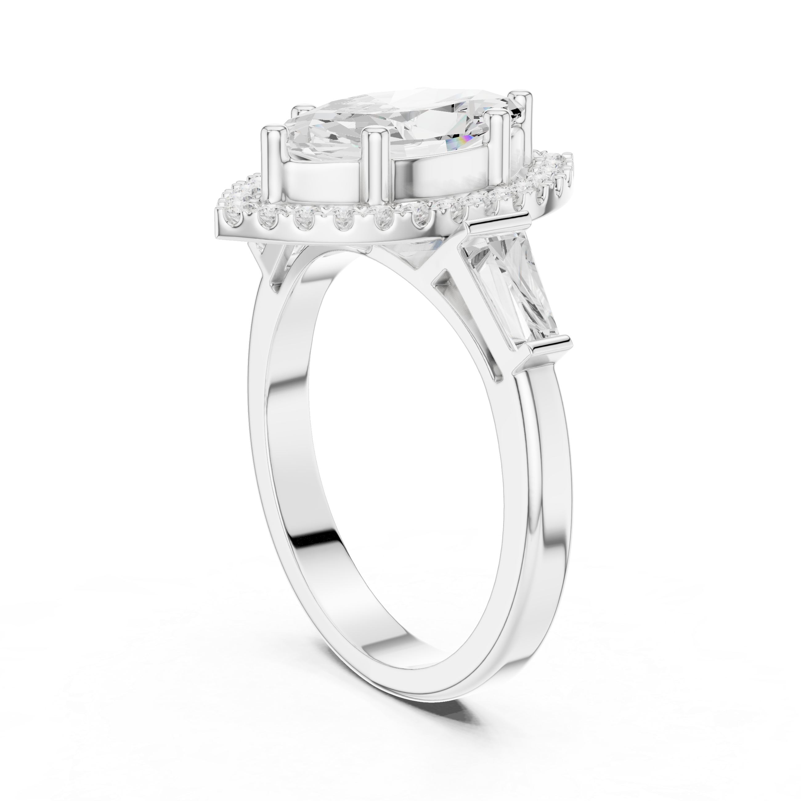 Marquise Cut Diamond Halo Ring With Tapper Baguette